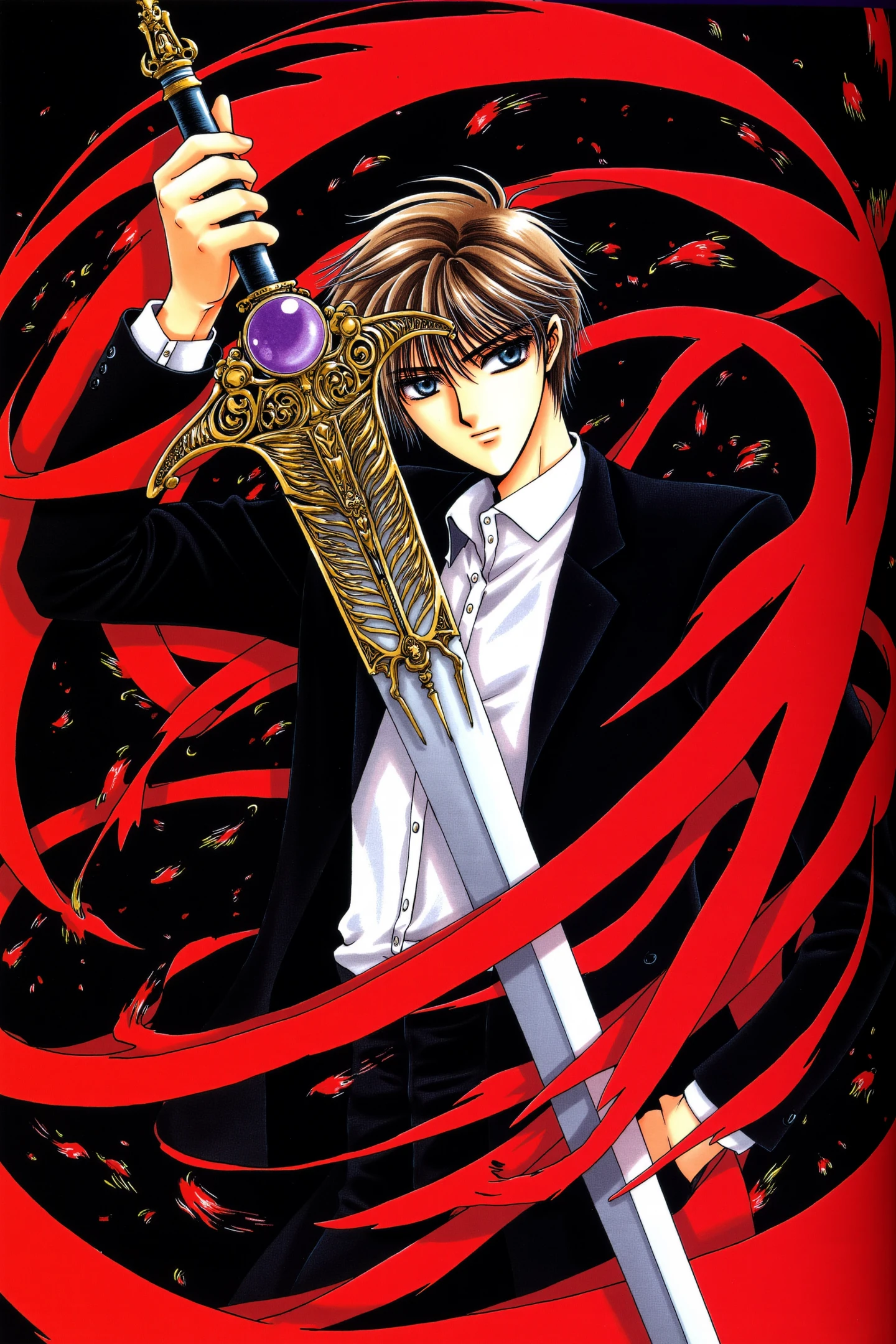 This is a detailed, highly stylized digital drawing in the anime/manga art style. Kamui Shirou, a young man with short, tousled brown hair and striking blue eyes. He has a slender build and wears a black jacket with a white shirt underneath, giving him a formal yet rebellious appearance. His expression is intense and focused, with a slight frown. He holds a large, ornate sword with a golden hilt and a purple gem embedded in the pommel. The sword is positioned vertically, with the blade pointing towards the viewer. The background is a swirling, chaotic mix of red and black, resembling flames or a vortex, adding a sense of urgency and danger to the scene. The red elements are vivid and dynamic, contrasting sharply with the muted tones of the figure and the sword. The overall composition is dynamic and dramatic, with strong lines and contrasting colors, emphasizing the character's determination and readiness for battle.
<lora:X_FLUX:1>,