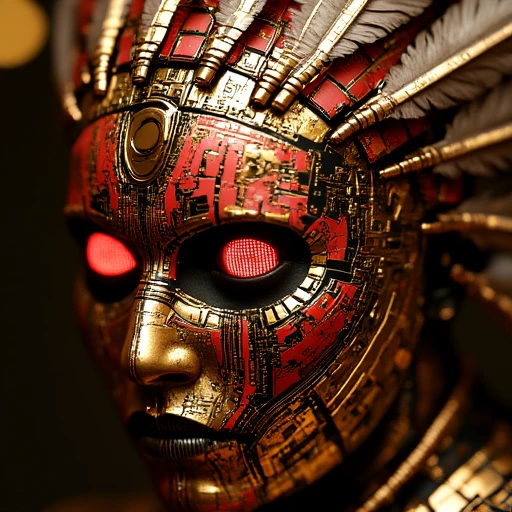 This is a highly detailed CGI rendering of a futuristic, cybernetic Native American woman's face, depicted in a stylized, hyper-realistic manner. Her face is a blend of organic and mechanical elements, with a striking contrast between her skin, which is a mix of metallic gold and red circuitry patterns, and her glowing red eyes, which are the only organic part of her face. The eyes are piercing, with an intense, almost otherworldly glow, suggesting advanced cybernetic enhancements. She is wearing a feathered mechanical headdress.