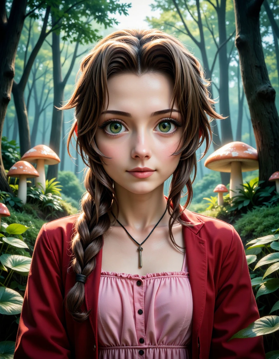 Aerith_FF7_Real_Final, Extreme close-up portrait of Aerith, cropped from upper chest to mid-forearm, set in a serene, enchanted forest bathed in ethereal light. Her emerald-green eyes sparkle with gentle curiosity, framed by her fair, slightly rosy skin. Her light brown hair is styled in her signature braid, with soft wisps falling around her face, blending with the dappled sunlight filtering through the trees. She wears her pink dress, the fabric moving softly with the breeze, and her red jacket, adding warmth to her appearance. The background reveals an enchanted landscape with glowing flowers, luminous mushrooms, and mist-shrouded trees that create an air of mystery and magic. [Composition: Tight 85mm lens effect, capturing Aerith’s gentle spirit against the mystical, dreamlike atmosphere.]