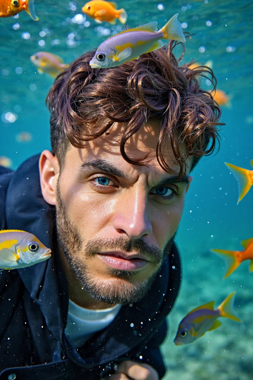 portrait front view face close-up handsome (Loïc Barcourt:1.3) age 40 underwater with fishes around him, colorful, sunny, medium-length messy hair, 4k uhd, dslr, soft light, high quality, Fujifilm XT3, natural lighting, 4k uhd, dslr, soft lighting, high quality, Fujifilm XT3<lora:lbw_models\OUTPUT\adjustedch9_Rythmind Loïc Barcourt Flux v1 HashFix_sd_scripts.safetensors:1.0:1.0>