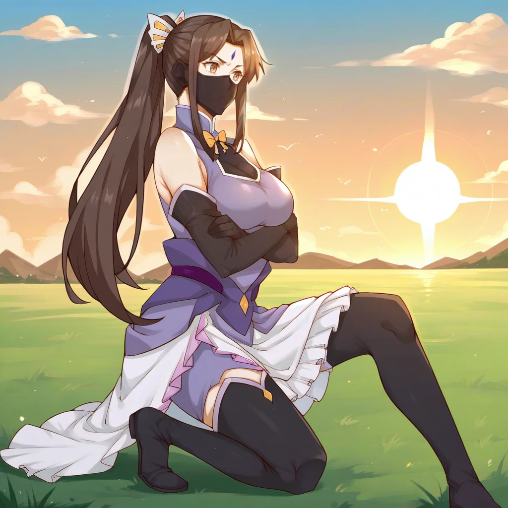 score_9_up, score_8_up, score_7_up, source_anime, 1girl, solo, sun light, sky, clouds, on one knee, on grass, from side, looking ahead, serious, holding kunai, Xia_Ning, Shang_Def, brown hair, long hair, ponytail, brown eyes, (face mask)++, forehead mark, hair ornament, elbow gloves, black gloves, purple shawl, yellow bow, bowtie, turtleneck, purple dress, dress, covered breasts, sleeveless dress, frilled skirt, layered skirt, purple skirt, white skirt, purple belt, thigh boots, black footwear, mature body, dynamic cowboy shot, 