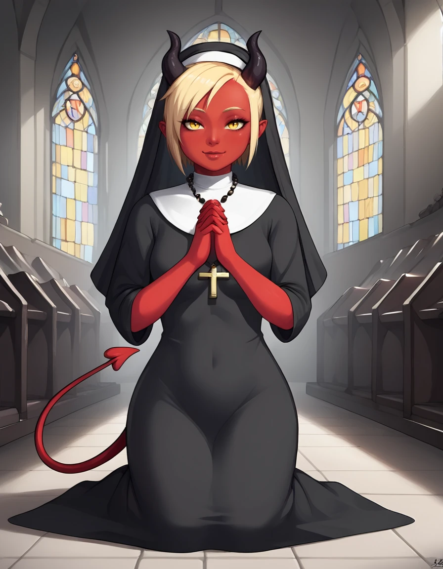 indoors,detailed background,church,
Mara,1girl,solo,short hair,blonde hair,horns,demon girl,demon horns,red skin,yellow eyes,demon tail,
full body,long eyelashes,seductive smile,
nun,
<lora:Mara_v01_PDXL:1>,