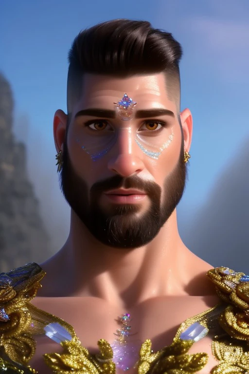 realism, highly detailed, sharp focus, 8k, fit, ultra high detail, hyper realistic, intricate, handsome, dressed with encrusted gems, dressed in gemstones, dressed in crystals, crystal, intricate iridescent gem armor, showing skin, portrait headshot, headshot, crystals, 1boy, beard, facial hair, male focus, solo, jewelry, gold, earrings, brown eyes, portrait