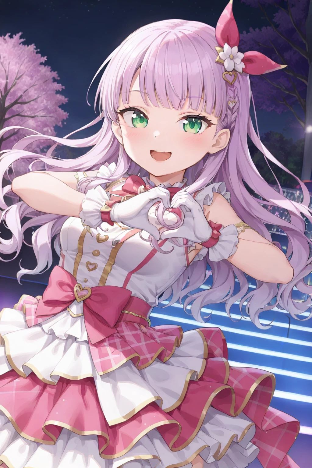 <lora:MargareteWien:0.8>, Margarete Wien, 1girl, solo, heart hands, gloves, heart, sky, flower, smile, open mouth, frills, dress, night, night sky, white gloves, sleeveless, bow, looking at viewer, frilled dress, breasts, outdoors, tree, stage, hair ornament, idol, layered skirt, skirt