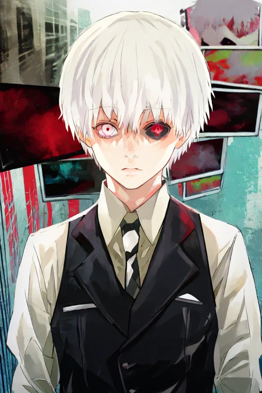 score_9, score_8_up, score_7_up, score_6_up, score_5_up, score_4_up,  <lora:ken_kaneki_pony:0.8> ken_kaneki, white hair, red eyes, short hair, bangs,colored sclera, black sclera, red eyes, heterochromia, white shirt, black necktie, black vest, 1boy, <lora:Sui_Ishida_style_IllustriousXL:1>, sui_Ishida_style,  solo, alone, standing, looking at the viewer, masterpiece, highres