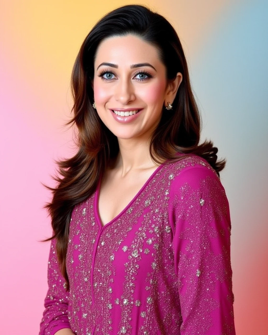 headshot photo of Karisma Kapoor woman,candid photo with natural colors, grinning expression on face,studio quality, wearing intricate conservative long sleeved Magenta Anarkali Suit, straight hair, pastel shaded multicolored background, cinematic soft lighting<lora:TestBed\Karisma_Kapoor_Flux_Kohya_V1.safetensors:1.0:1.0>