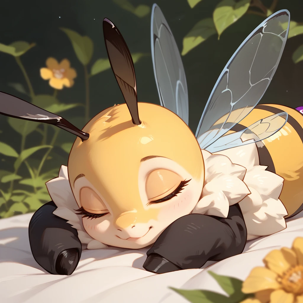 score_9, score_8_up, score_7_up, expressiveh, perfect face, perfect eyes, detailed face, detailed eyes, honey bee, Bubble eyes, transparent wings, lying on stomach, sideview, happy, closed mouth, closed eyes, sleeping

<lora:Cute_Honey_Bee: 0.7>
<lora:Expressive_H-000001: 0.5>