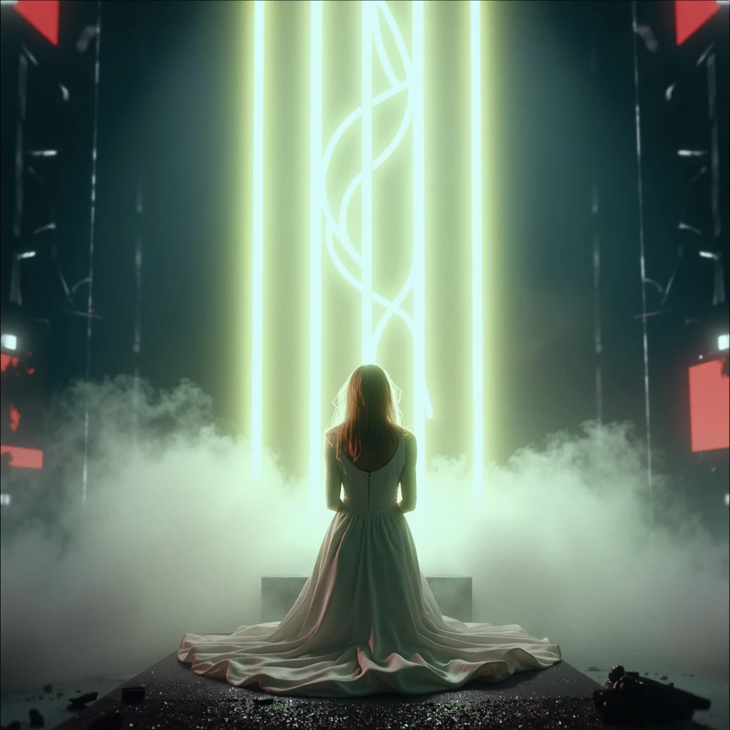 Imagine an image in the style of an abandoned cyberpunk cathedral bathed in thick fog, where a pale blonde woman in a white dress kneels before a shattered neon altar. The beams of neon light break through the mist, casting her in a haunting, surreal glow. Her hair cascades over her shoulders, and her face is serene, almost angelic, as if she’s an enigmatic figure of light in this gritty, dystopian world, bringing a sense of quiet, haunting beauty to the scene.