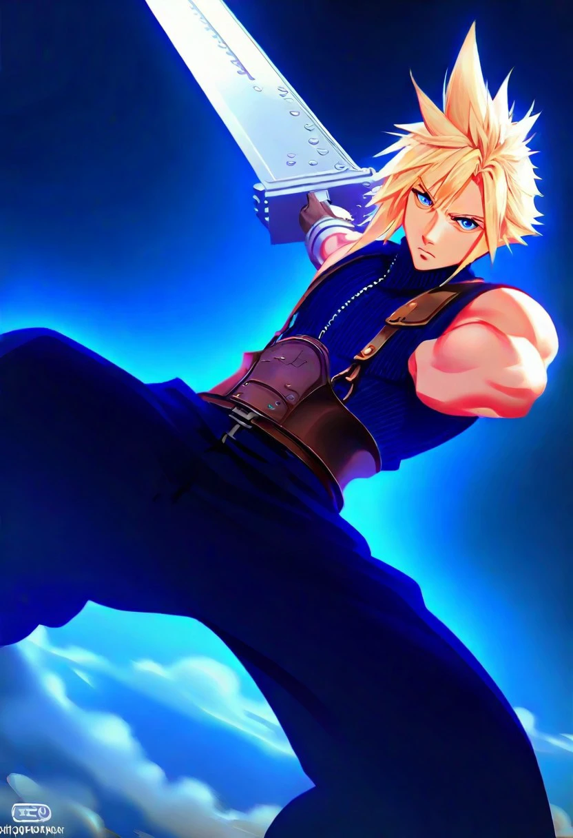 pearlescent, (Cloud Strife:1.3) from Final Fantasy, (1 boy:1.2) with (blonde hair:1.3) and (blue eyes:1.3), in a dynamic fighting stance, holding the iconic (Buster Sword:1.5). He stands solo outdoors, aiming directly at the viewer, showcasing dramatic foreshortening. The scene is infused with an (epic aura:1.4), emphasizing his determination and strength., cinematic angle, cinematic lighting, dynamic pose, masterpiece