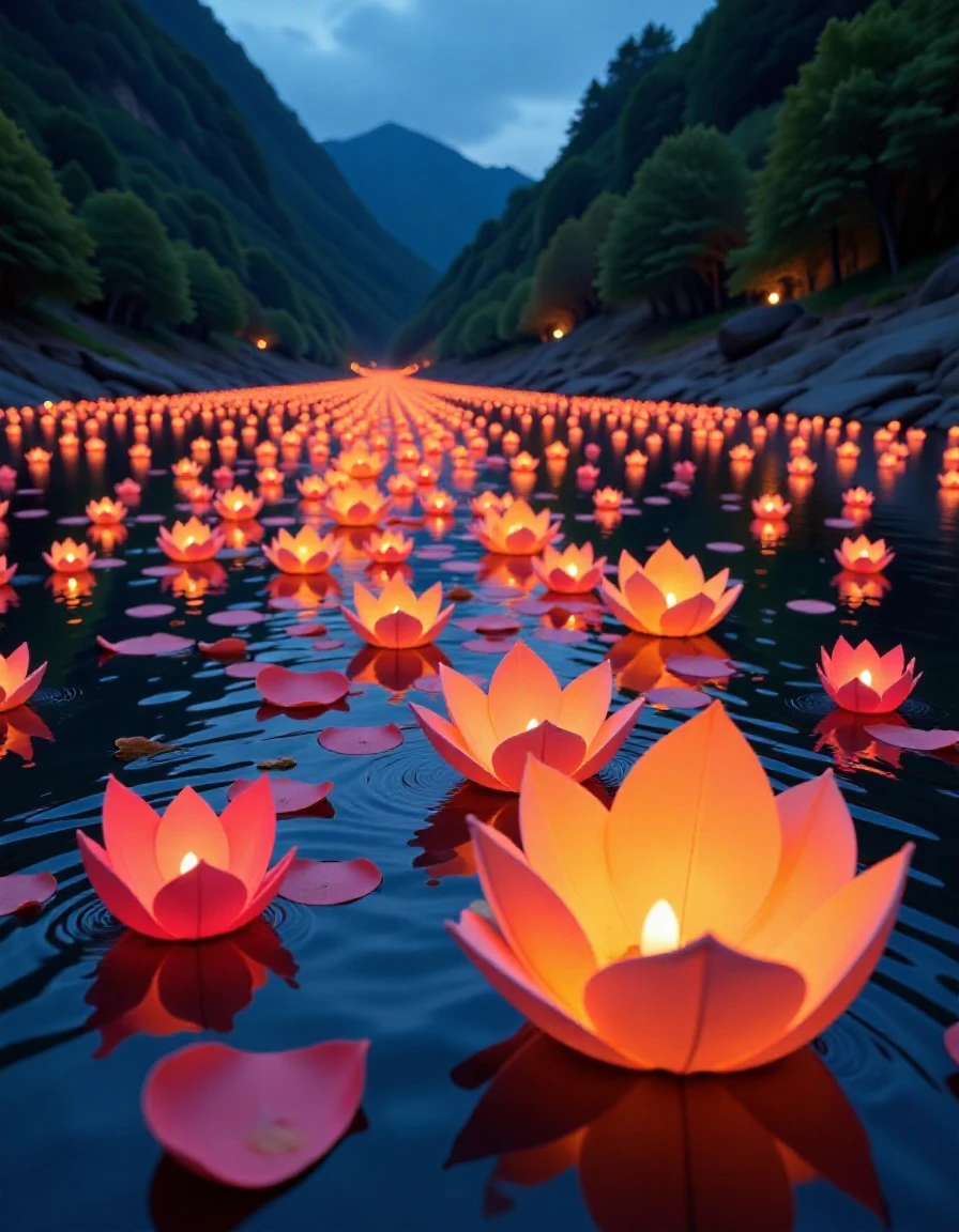 A stunning display of colorful lanterns, floating on a serene and peaceful lake. Hyper-realistic, highly detailed,4K, HDR, vivid colors, vibrant hue