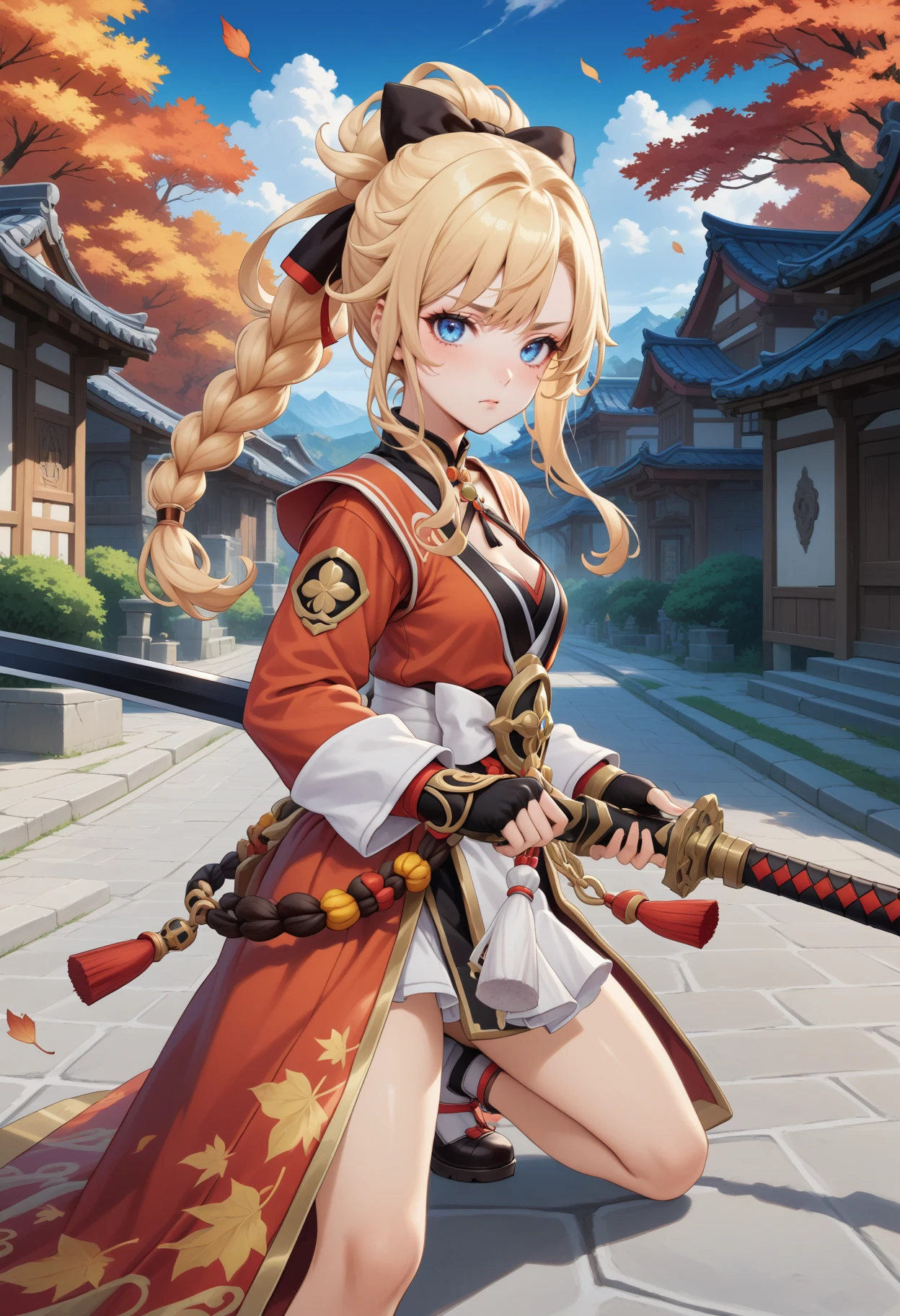 masterpiece, best quality, very aesthetic, absurdres, rom_sarah_xl,
1girl, blonde hair, braid, hair bow, blue eyes, serious, 
holding sword, (on one knee:1.2), battoujutsu stance, looking at viewer, 
outdoors, wind, (falling leaves, autumn:1.2), vivid colors, tranquil and magical atmosphere, east asian architecture, 
shiny skin, beautiful face, beautiful eyes, extreme detailed, official art, professional illustration, hires,
<lora:rom_sarah_xl:0.8>, <lora:battoujutsu_stance_24retry_pony_rework_final_svd_d8:1>