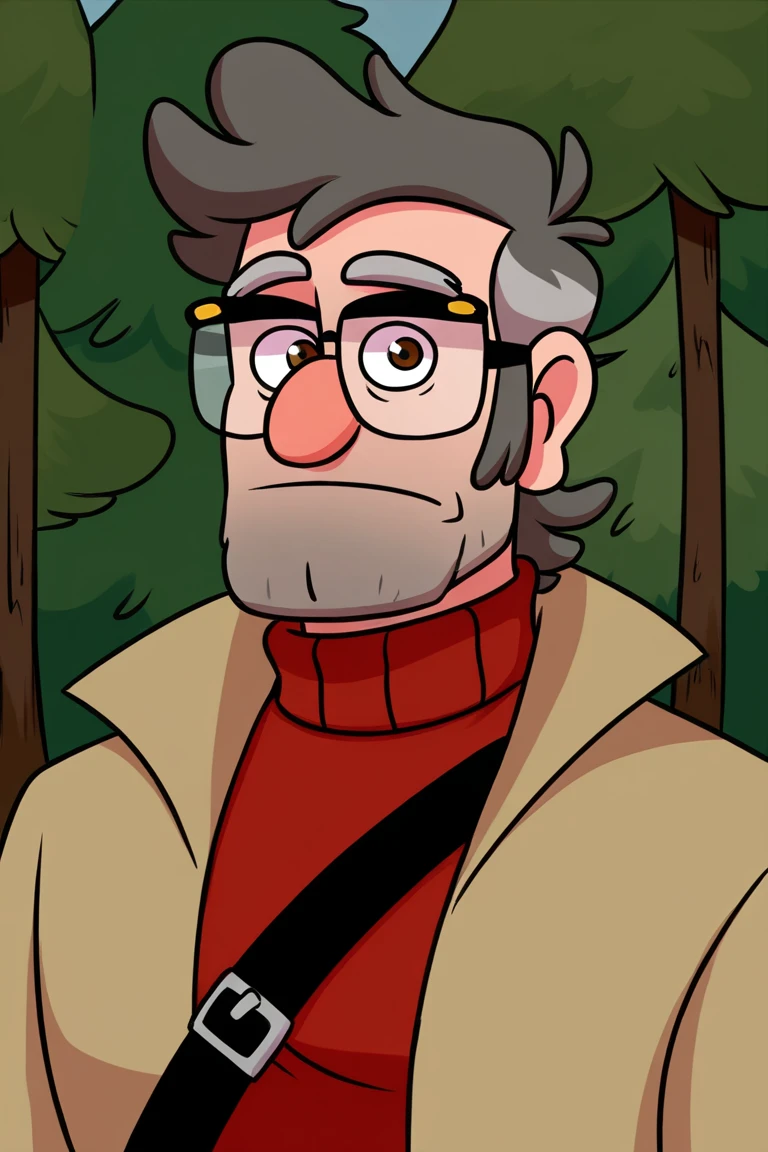 masterpiece, best quality, highres, extremely aesthetic, toon \(style\), stanford pines, 1boy, solo, male focus, mature male, muscular male, old man, short hair, grey hair, two-tone hair, brown eyes, thick eyebrows, glasses, black-framed eyewear, facial hair, stubble, long sideburns, looking at viewer, open clothes, beige coat, trench coat, red turtleneck sweater, strap, buckle, standing, upper body, portrait, outdoors, forest, pine tree <lora:Stanford (Ford) Pines - Gravity Falls v1.0 MIX [LoRA] - NoobAI-XL EPS 1.0:0.8>