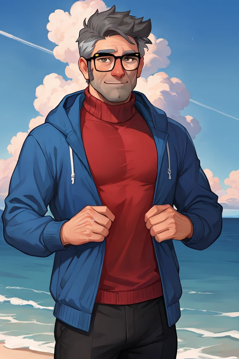 masterpiece, best quality, highres, extremely aesthetic, stanford pines, 1boy, solo, male focus, mature male, muscular male, old man, short hair, grey hair, two-tone hair, brown eyes, thick eyebrows, glasses, black-framed eyewear, facial hair, stubble, long sideburns, looking at viewer, open clothes, blue hoodie, red turtleneck sweater, long sleeves, black pants, standing, cowboy shot, outdoors, blue sky, cloud, ocean <lora:Stanford (Ford) Pines - Gravity Falls v1.0 MIX [LoRA] - NoobAI-XL EPS 1.0:0.8>