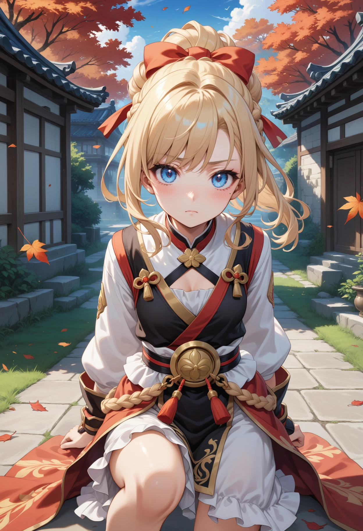 masterpiece, best quality, very aesthetic, absurdres, rom_sarah_xl,
1girl, blonde hair, braid, hair bow, blue eyes, serious, 
holding sword, on one knee, battoujutsu stance, looking at viewer, 
outdoors, wind, (falling leaves, autumn:1.2), vivid colors, tranquil and magical atmosphere, east asian architecture, 
shiny skin, beautiful face, beautiful eyes, extreme detailed, official art, professional illustration, hires,
<lora:rom_sarah_xl:0.5>,  <lora:battoujutsu_stance_24retry_pony_rework_final_svd_d8:1>