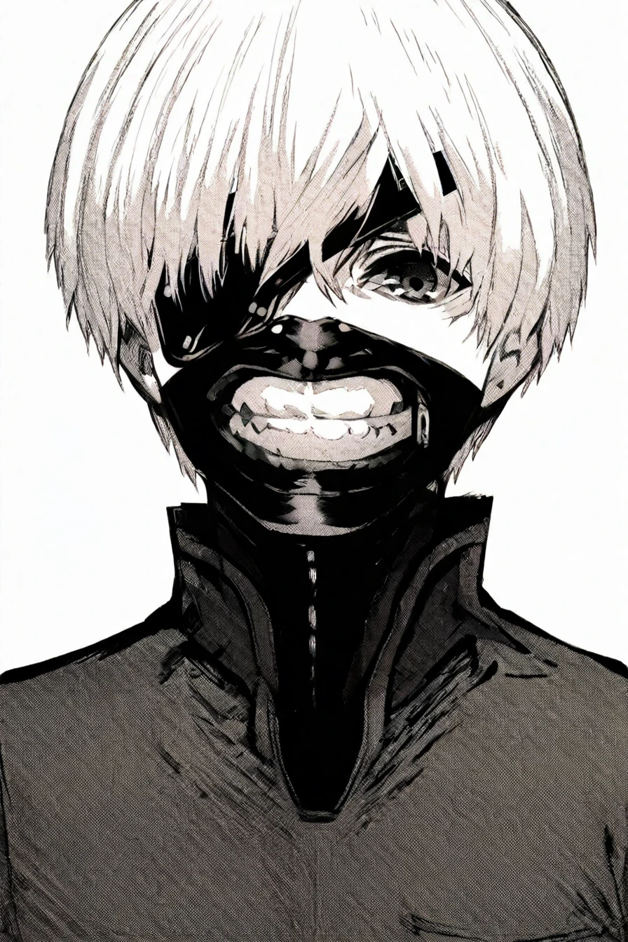 score_9, score_8_up, score_7_up, score_6_up, score_5_up, score_4_up,  <lora:ken_kaneki_pony:0.8> ken_kaneki, white hair,  short hair, bangs, eyepatch, mask, mouth mask, teeth, 1boy, <lora:Sui_Ishida_style_IllustriousXL:1>, sui_Ishida_style,  monochrome, greyscale, solo, alone, standing, looking at the viewer, masterpiece, highres