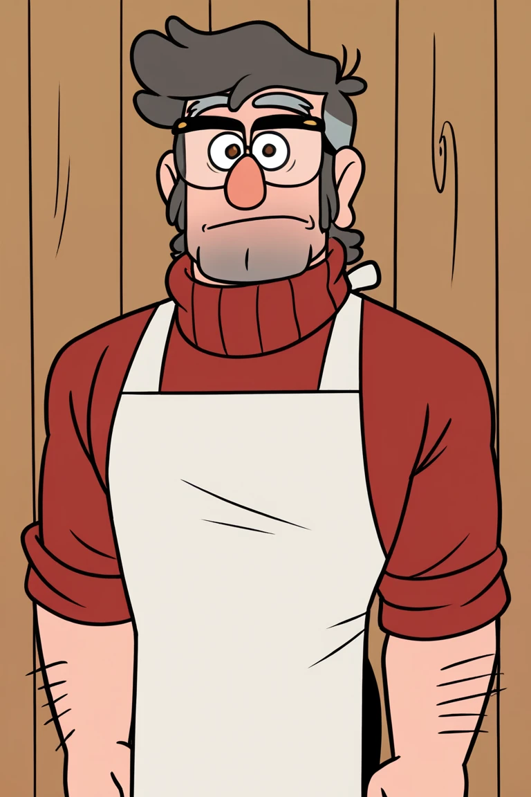 masterpiece, best quality, highres, extremely aesthetic, toon \(style\), stanford pines, 1boy, solo, male focus, mature male, muscular male, old man, short hair, grey hair, two-tone hair, brown eyes, thick eyebrows, glasses, black-framed eyewear, facial hair, stubble, long sideburns, looking at viewer, white apron, red turtleneck sweater, sleeves rolled up, sparse arm hair, arm hair, black pants, standing, cowboy shot, indoors, wooden wall <lora:Stanford (Ford) Pines - Gravity Falls v1.0 MIX [LoRA] - NoobAI-XL EPS 1.0:0.8>