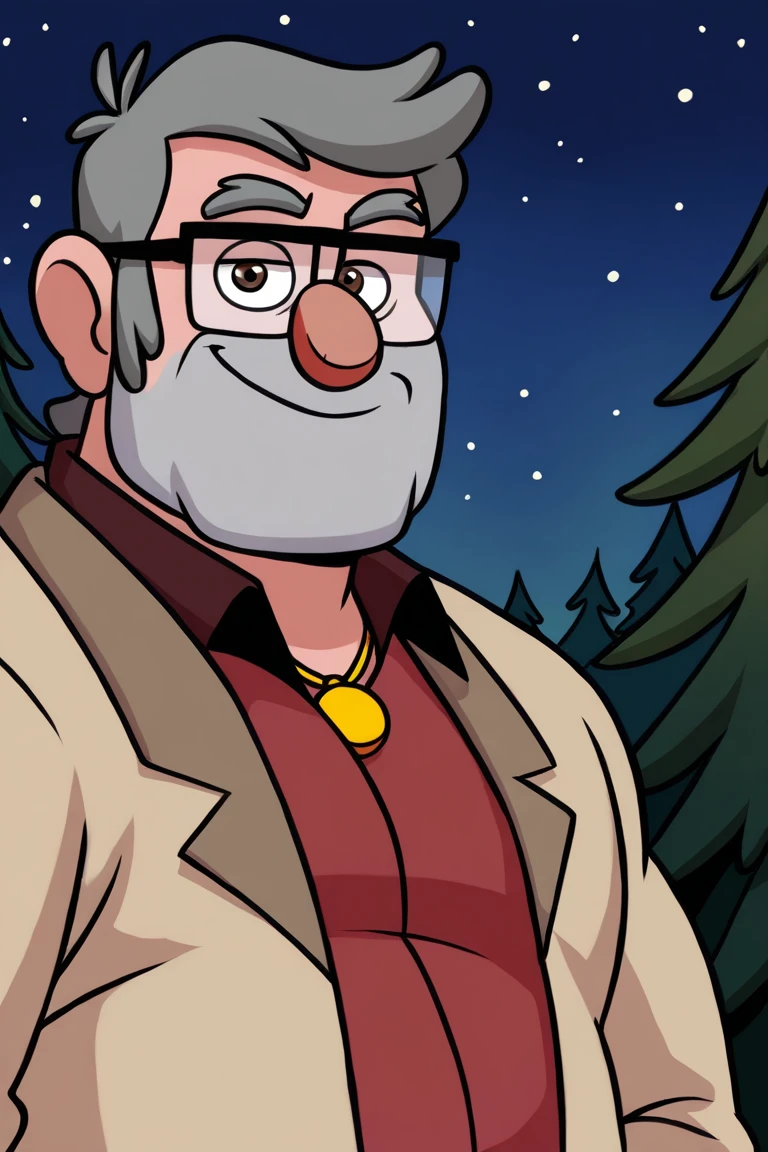 masterpiece, best quality, highres, extremely aesthetic, toon \(style\), stanley pines, 1boy, solo, male focus, mature male, muscular male, plump, old man, short hair, grey hair, brown eyes, thick eyebrows, glasses, black-framed eyewear, facial hair, stubble, sideburns, looking at viewer, smile, necklace, gold chain, collared shirt, red shirt, beige jacket, standing, upper body, portrait, outdoors, forest, pine tree, night, night sky <lora:Stanley (Stan) Pines - Gravity Falls v1.0 MIX [LoRA] - NoobAI-XL EPS 1.0:0.8>