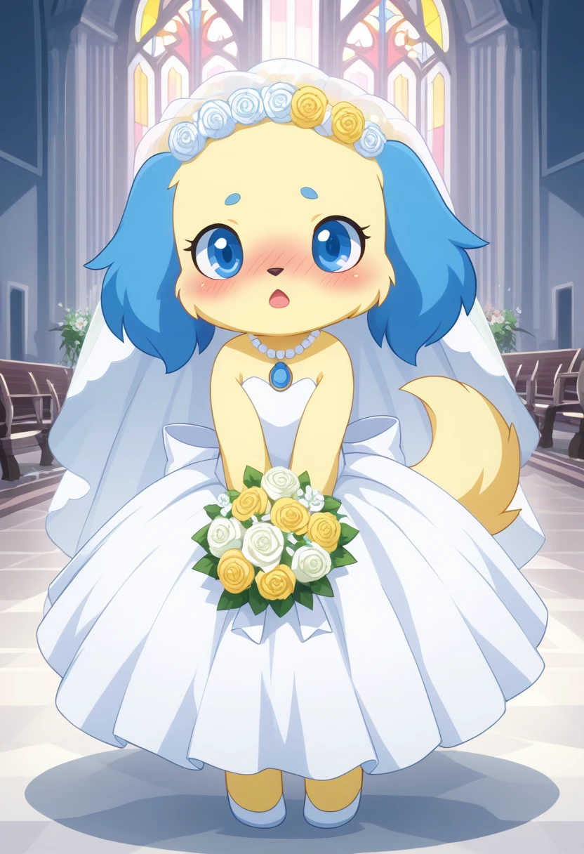 score_9, score_8_up, score_7_up, score_6_up, score_5_up, BREAK
Sapphie, anthro, female, jewelpet, blue ears, yellow fur, solo, looking at viewer, open mouth, blue eyes, jewelry, full body, flower, necklace, no humans, furry, dog, dynamic pose, yellow tail, church, wedding dress, wedding veil, bouquet, blush, deep blush, nose blush