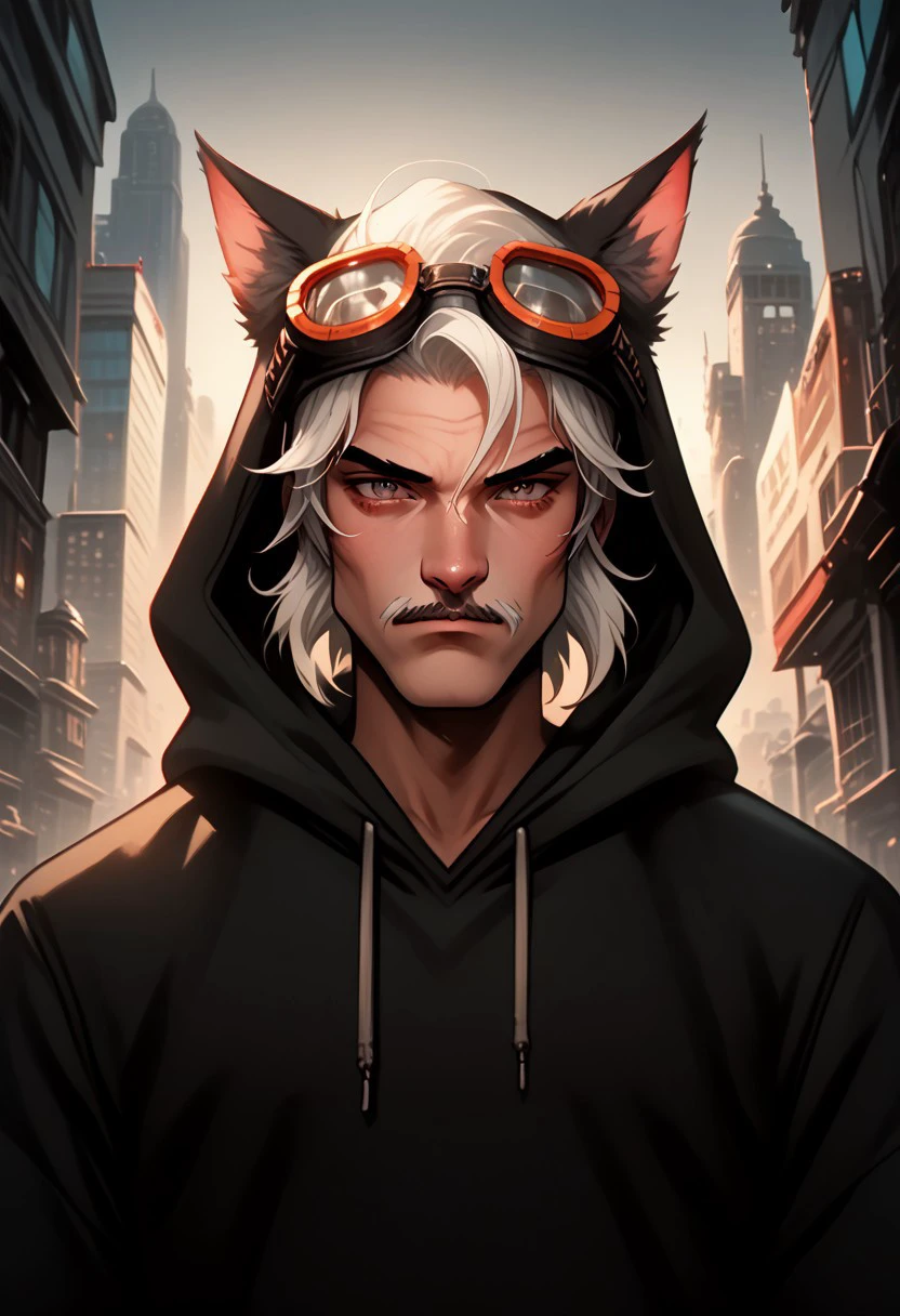 PonyXLV6_Scores BREAK pearlescent, cid nan garlond, gentlebean_ffxiv , 1boy, male focus, grey eyes, facial hair, beard, solo, goggles, white hair, miqo'te, cat ears, animal ears, goggles on head, jewelry, mustache, hood, hoodie, outdoors, city view, looking at viewer, cinematic angle, cinematic lighting,