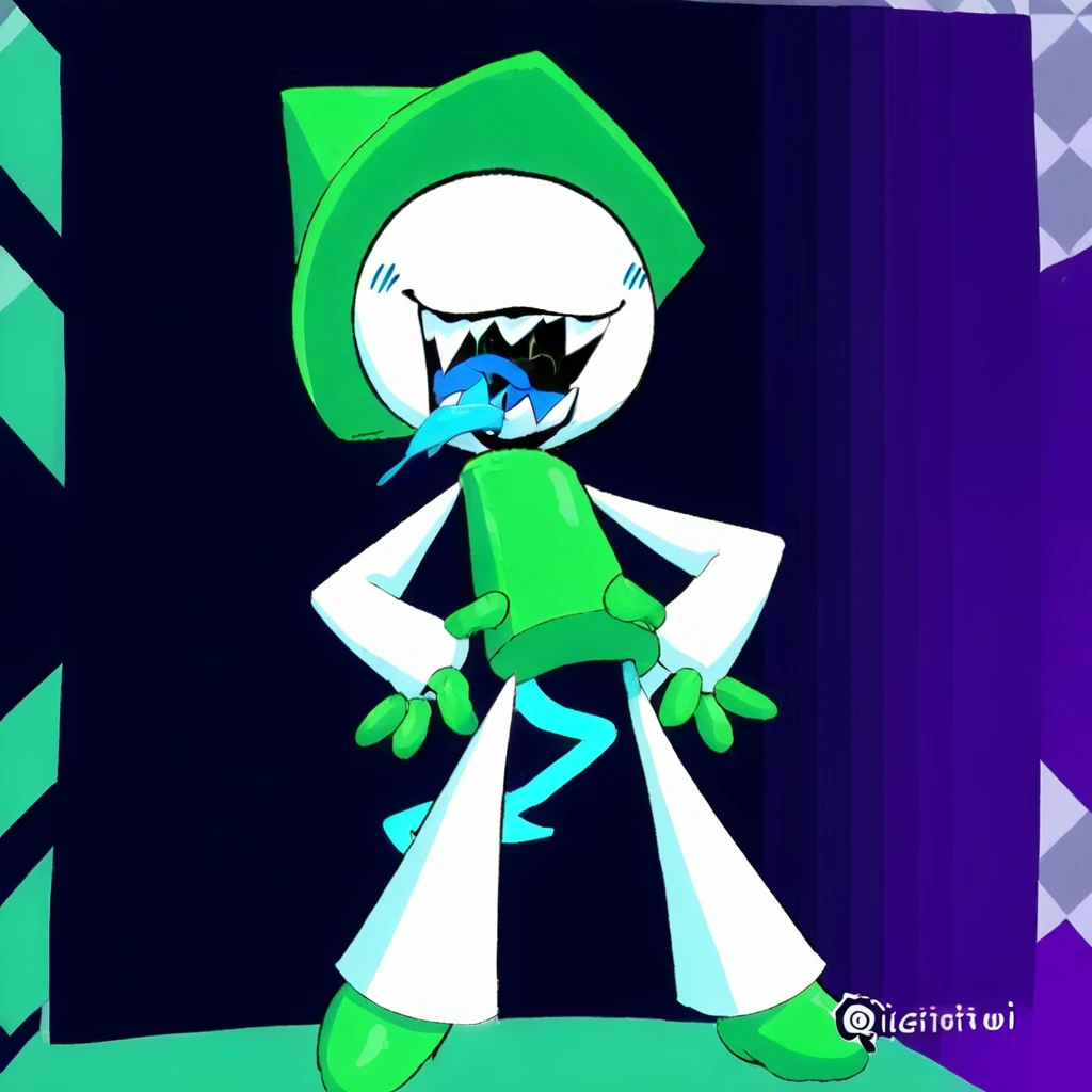 angry, 4 fingers, blue blush, hand up, black background, one-eyed, short, 3 fingers, green theme, hidden eyes, male focus, open mouth, cartoonish, solid oval eyes, hat hiding face, gradient, solo, minimalist look, spread legs, halftone, happy, white pants, gloves, annoyed, frown, smiling, colored tongue, solid black oval eye, tongue, blush stickers, sharp teeth, no eyes, shrug, artist logo, long arms, curved tail, full body, checkered background, pointing, from below, hands on body, Tongue, unseen face, looking to the side, blue tongue, purple background, hands on hips, saliva