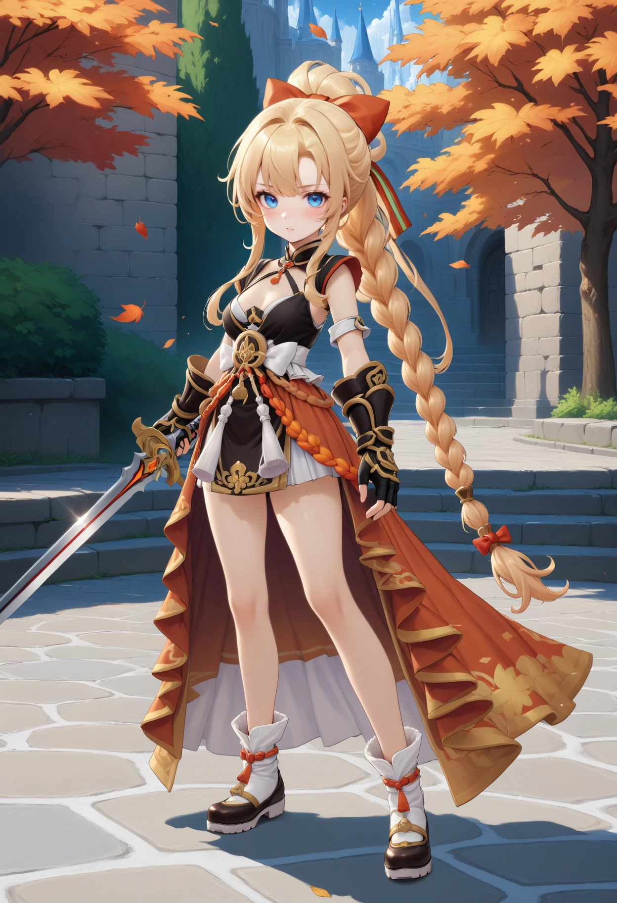 masterpiece, best quality, very aesthetic, absurdres, rom_sarah_xl,
1girl, blonde hair, braid, hair bow, blue eyes, holding sword on right hand, fingerless gloves, 
full body, standing, defensive stance, looking at viewer, outdoors, wind, falling autumn leaves, autumn, vivid colors, tranquil and magical atmosphere,
shiny skin, beautiful face, beautiful eyes, extreme detailed, official art, professional illustration, hires,
<lora:rom_sarah_xl:1>, <lora:aesthetic_anime_v1s:0.5>, <lora:add_details_xl:0.5>