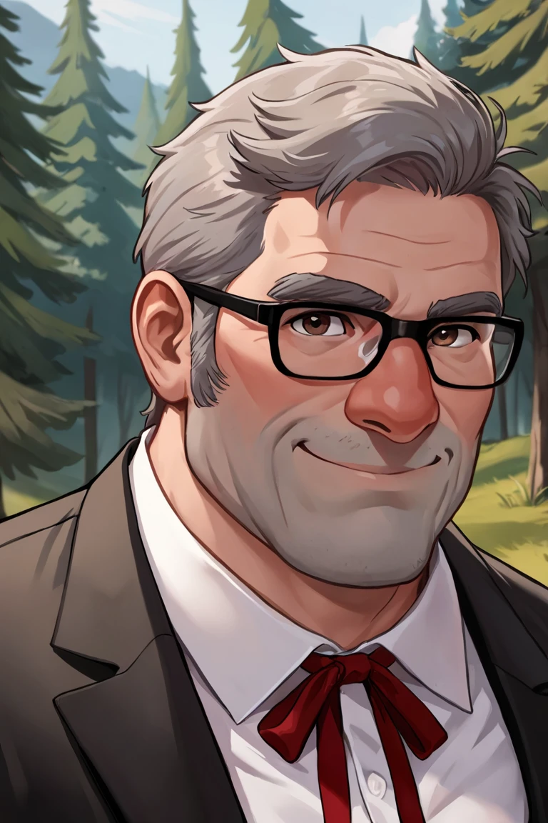 masterpiece, best quality, highres, extremely aesthetic, stanley pines, 1boy, solo, male focus, mature male, muscular male, plump, old man, short hair, grey hair, brown eyes, thick eyebrows, glasses, black-framed eyewear, facial hair, stubble, sideburns, looking at viewer, smile, formal, black suit, white shirt, red ribbon, standing, upper body, portrait, outdoors, forest, pine tree <lora:Stanley (Stan) Pines - Gravity Falls v1.0 MIX [LoRA] - NoobAI-XL EPS 1.0:0.8>