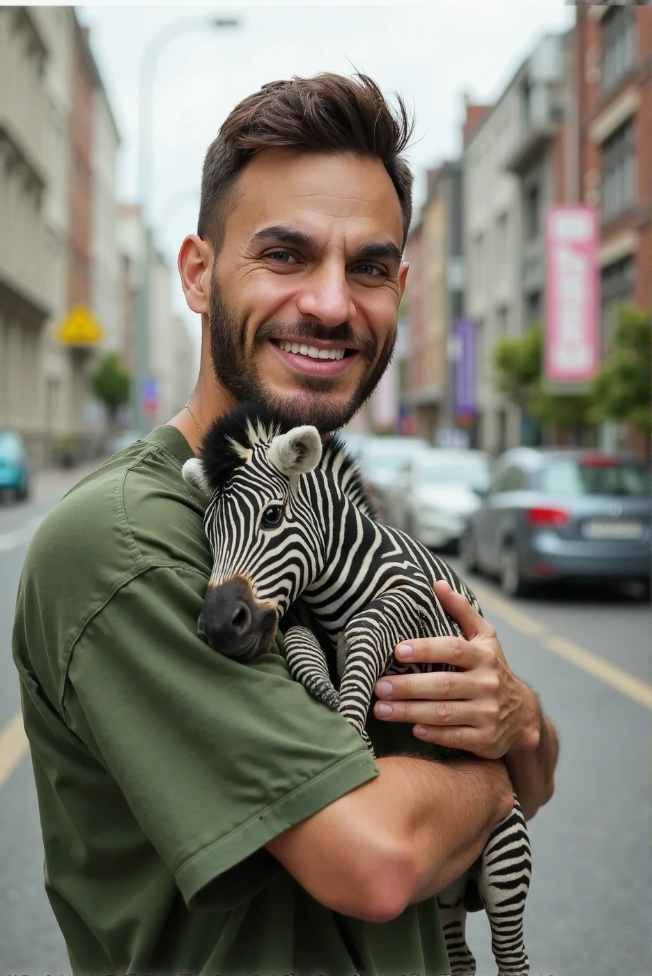 HD high professional quality photo of Loïc Barcourt upper body, he is holding a baby Zebra in his arms and hands. His face have a happy expression. The background is city street, a visible caos, a sinkhole opened up suddenly, swallowing cars and buildings without warning., he is wearing a green shirt, <lora:Rythmind_Loïc Barcourt_Flux_v1_0005:1>, RAW candid cinema, 16mm, color graded portrait 400 film, remarkable color, ultra realistic, textured skin, remarkable detailed pupils, realistic dull skin noise, visible skin detail, skin fuzz, shot with cinematic camera<lora:lbw_models\OUTPUT\adjustedch9_Rythmind Loïc Barcourt Flux v1 HashFix_sd_scripts.safetensors:1.0:1.0>