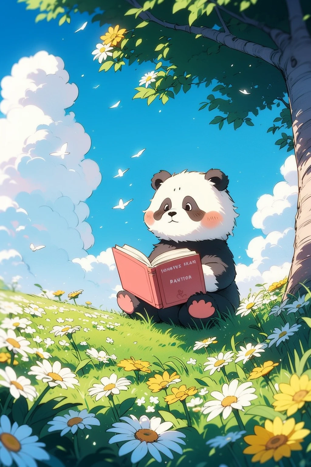 children's picture book,no human,book,tree,flower,outdoor,panda,sky,cloud,yellow flower,grass,day,sitting,open book,blue sky,holding watermelon,pile of books,animal,blush,daisy,field,solo,cloud day,bird,white flower,nature,flower field,