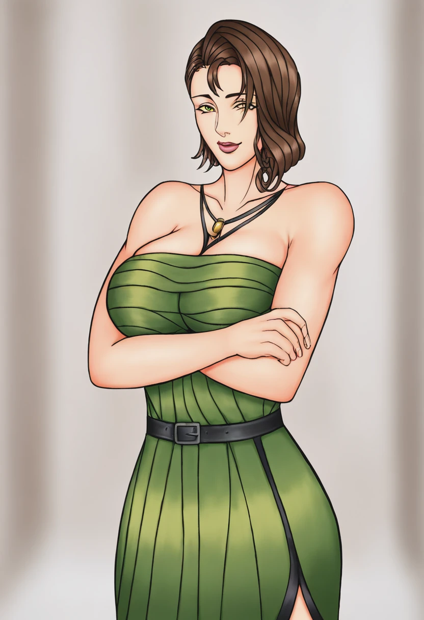 score_9, score_8_up, score_7_up, 1girl, mature_female, large_breasts, portrait, solo, looking_at_viewer, open_eyes, Standing with arms crossed over chest, rotated, (Yellow-green Kilt), ringlets, razor-cut, Brown hair, geyser, feet_out_of_frame, rating_safe, <lora:pony\artist_styles\singsun_pony:1.0>