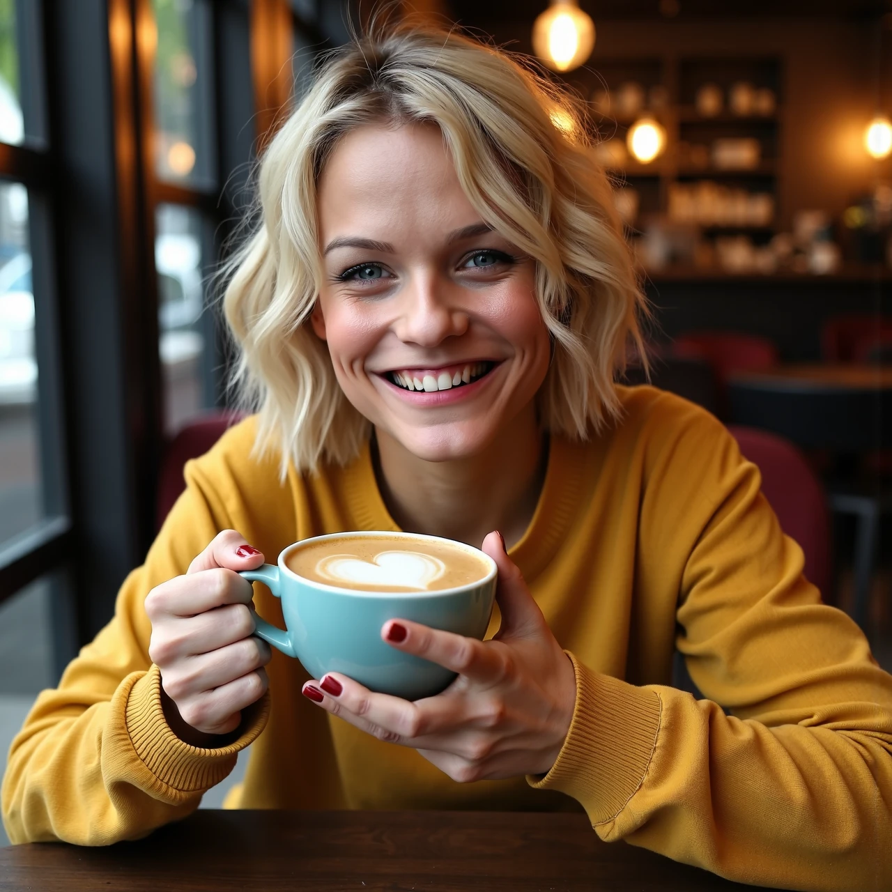 close portrait of a young woman , slightly mild side view , sitting in a cafebar on a cafe table ,  grabbing a large mug with latte art in the shape of a heart  , light  blonde , petite delicate , (high detailed face and skin texture with skin pores:1.3)  , warming her hands on the mug , eye contact with the viewer , middle short straight hair style with some large curls , wear a skinny cute tight luxory fashion sweatshirt  dress with cleavage , weimir1 (teasing facial expression), (small chin:1.5)