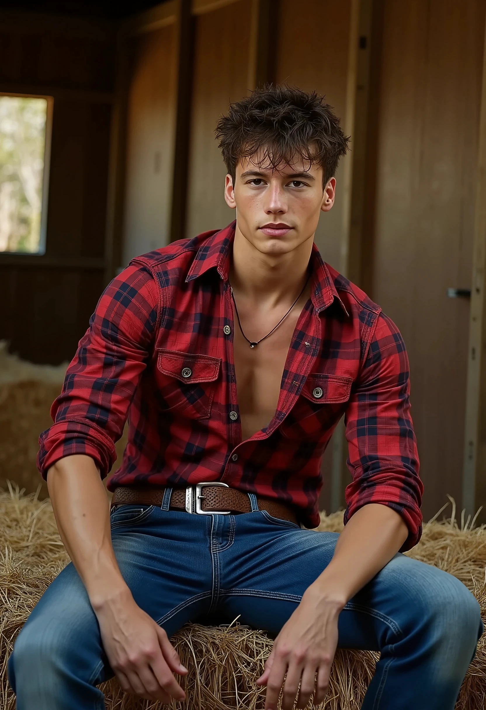 Upper body image, (inside of barn), toned Bach, ((sitting on bales of hay)), legs spread open, slight smile, sexycowboy, (tight red plaid shirt), denim blue jeans, belt, (shiny belt buckle), brown eyes, short messy brown hair, masterpiece, wide angle, (looking at viewer), highly detailed, (high skin detail), (high face detail), photorealistic, RAW photo, soft lighting, high quality, clean shaven