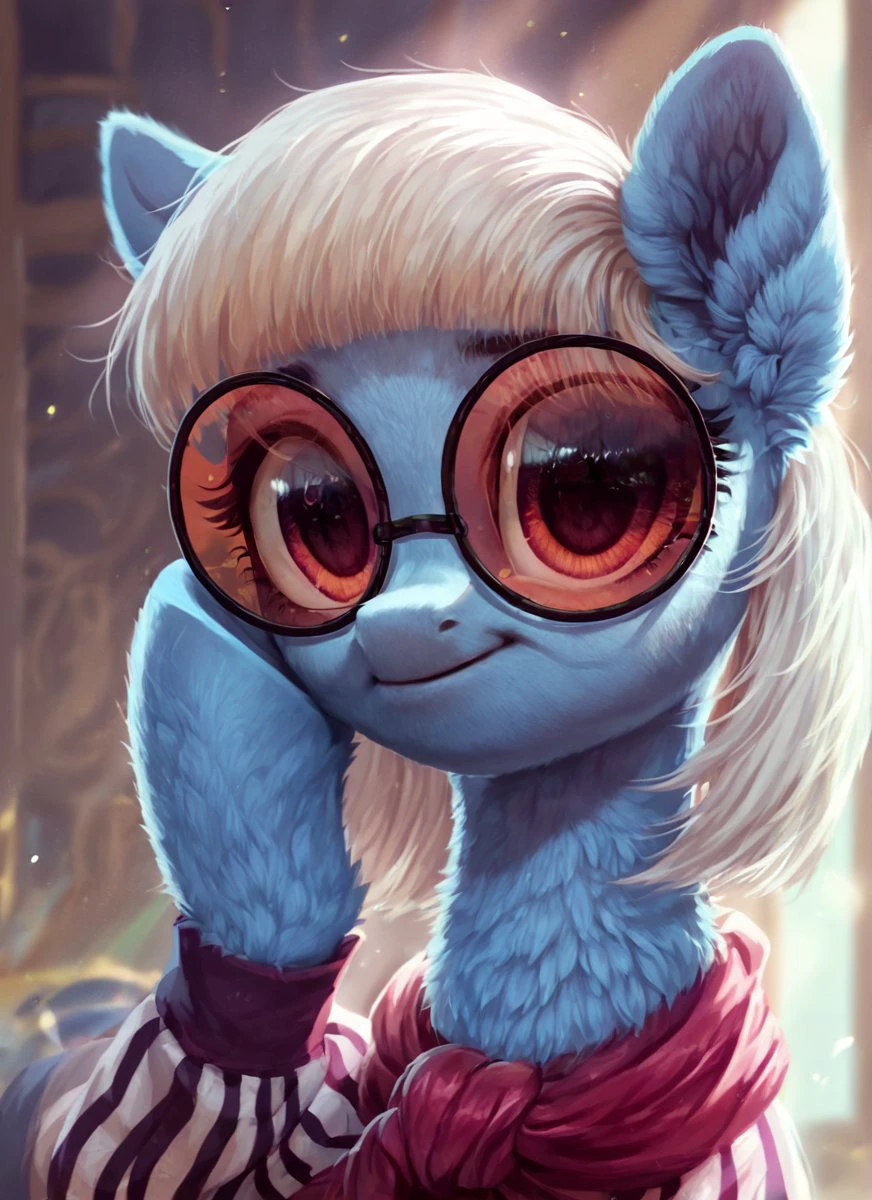 , score_9, score_8_up, score_7_up, score_6_up, score_5_up, score_4_up, rating_safe, <lora:Photo Finish:1>Photo Finish,round glasses with purple lenses, earth pony,  solo, female, short white hair,earth pony,  solo, female,  blue body, ((cute, little, fuzzy pony, fur)), (high quality, detailed, beautiful), shiny, adorable face, detailed beautiful eyes, diadema, sunlight, realistic, outstanding, countershading, detailed soft lighting, ear fluff, hoof on face, cinematic vintage photography