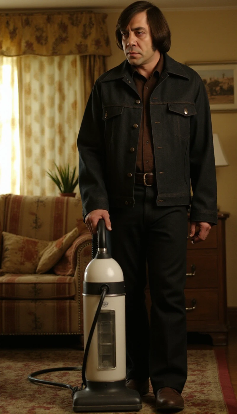 <lora:Anton_Chigurh:0.9> anton chigurh,, realistic, brown hair. He is vaccuming a vintage livingroom with a vaccumcleaner