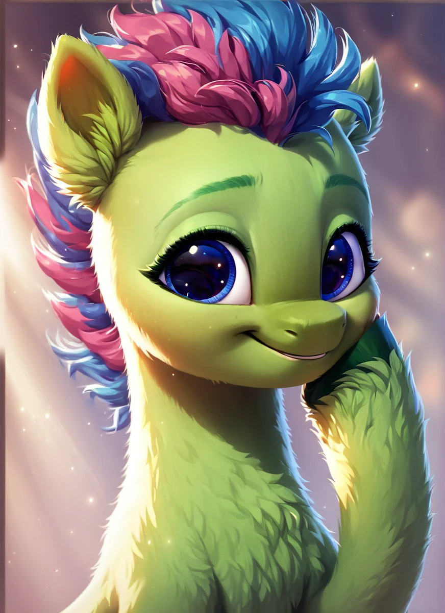 , score_9, score_8_up, score_7_up, score_6_up, score_5_up, score_4_up, rating_safe, <lora:Luminous Dazzle:1>Luminous Dazzle, Body Lime Green,  ((cute, little, fuzzy pony, fur)), (high quality, detailed, beautiful), shiny, adorable face, detailed beautiful eyes, diadema, sunlight, realistic, outstanding, countershading, detailed soft lighting, ear fluff, hoof on face, cinematic vintage photography