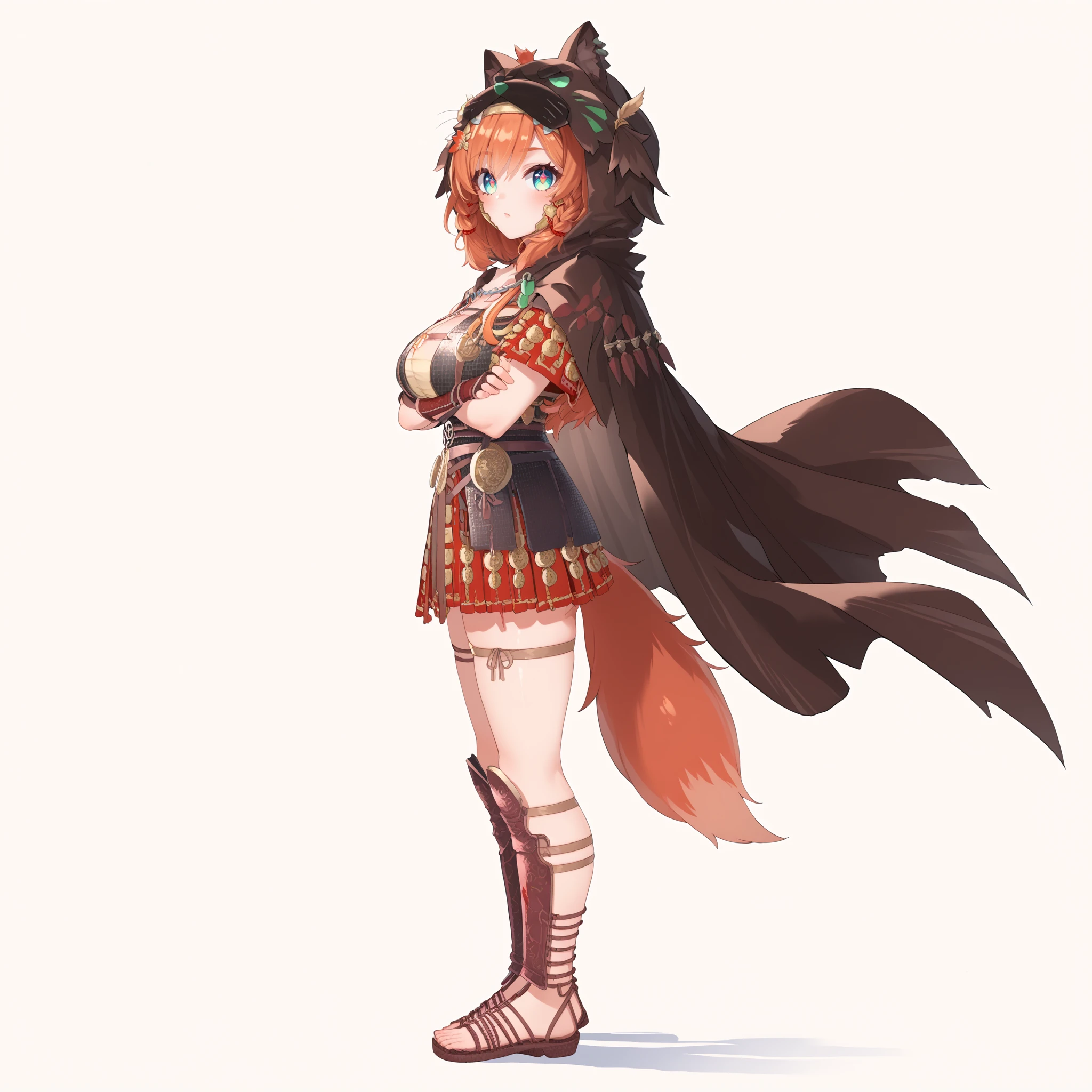 score_9, score_8_up, score_7_up, score_6_up, score_5_up, score_4_up, source_anime, BREAK
m0zu, 1girl, solo,  multicolored eyes, tail, large breasts, braids, orange hair,
armor, laurel crown, greaves, thigh strap, gladiator sandals, gloves, brown cape, hood, 
 standing, looking at viewer, crossed arms, from side, simple background, full body, 
 <lora:mozumi-roman_m0zu_v1:1>