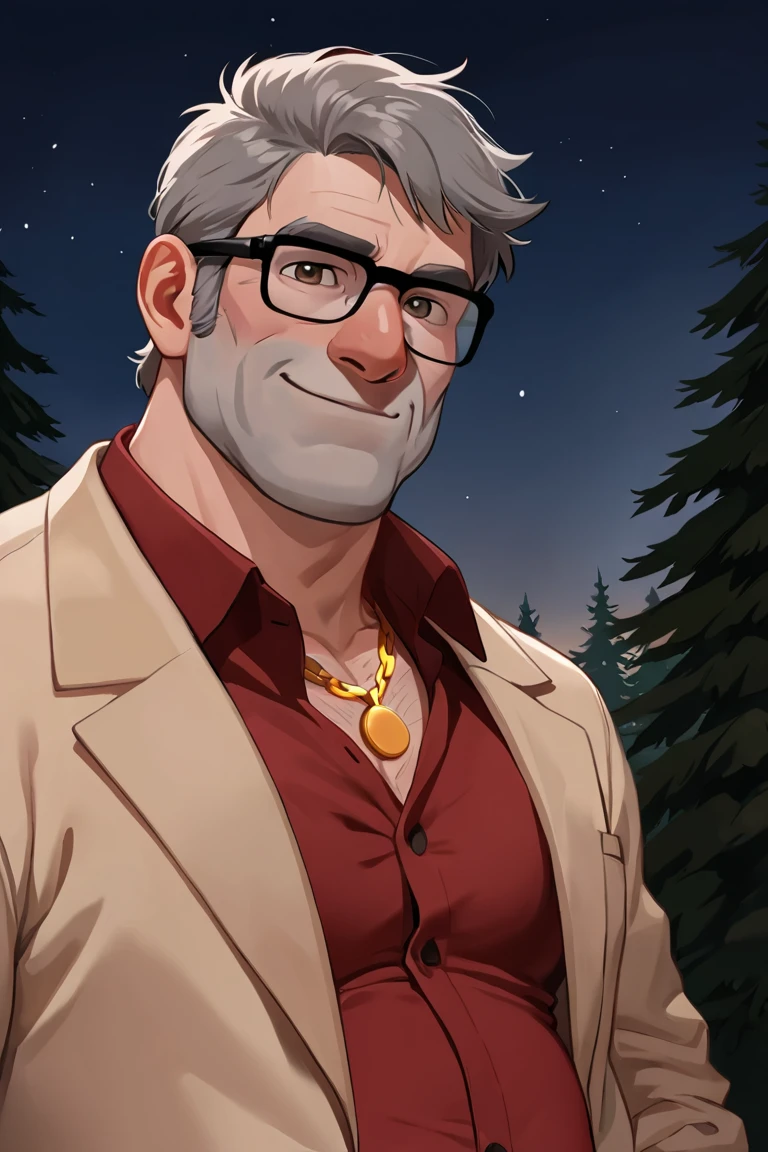 masterpiece, best quality, highres, extremely aesthetic, stanley pines, 1boy, solo, male focus, mature male, muscular male, plump, old man, short hair, grey hair, brown eyes, thick eyebrows, glasses, black-framed eyewear, facial hair, stubble, sideburns, looking at viewer, smile, necklace, gold chain, collared shirt, red shirt, beige jacket, standing, upper body, portrait, outdoors, forest, pine tree, night, night sky <lora:Stanley (Stan) Pines - Gravity Falls v1.0 MIX [LoRA] - NoobAI-XL EPS 1.0:0.8>