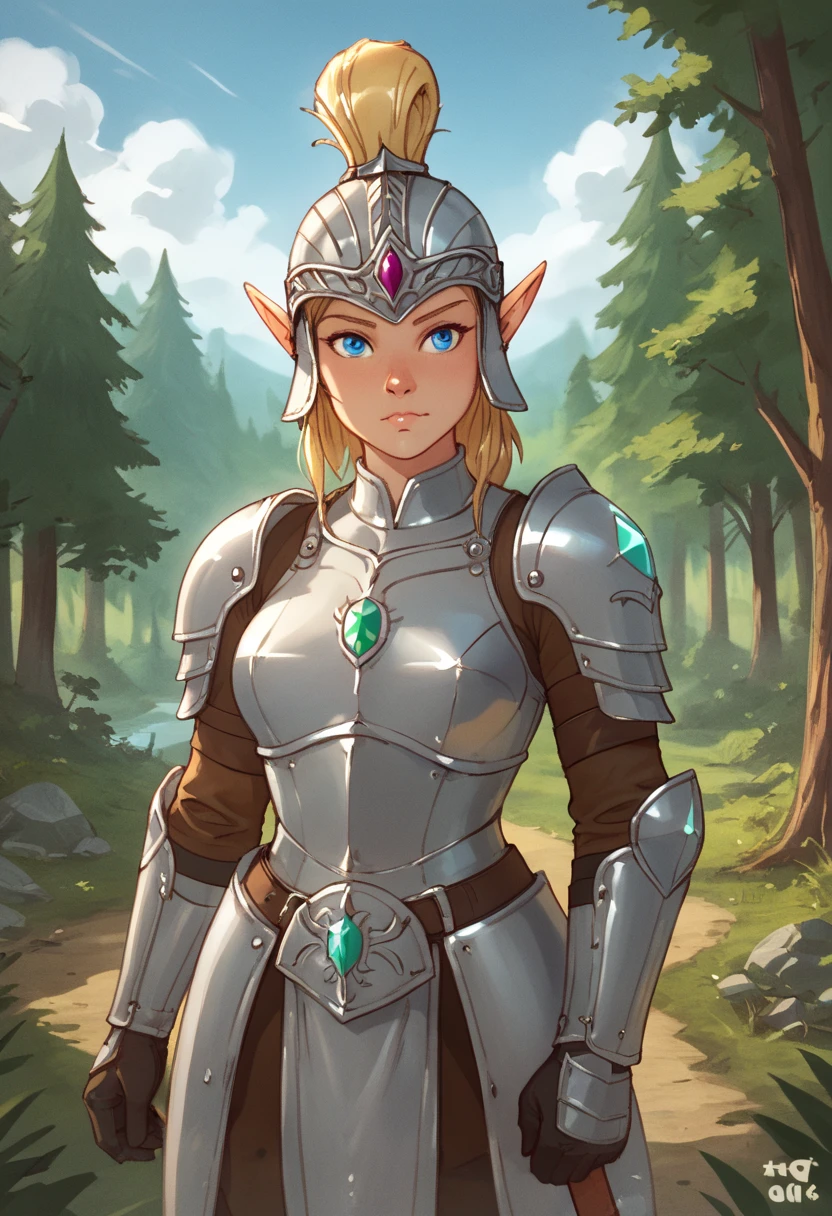 score_9, score_8_up, score_8,
<lora:Pony_Dreaming_Style_for_PonyXL:0.8> p0ny_dr3am1ng
1girl, solo, elf, blond hair, silver armor, blue eyes, helmet, quiver, emerald gemstone, 
outdoors, forest, clouds, scenery,