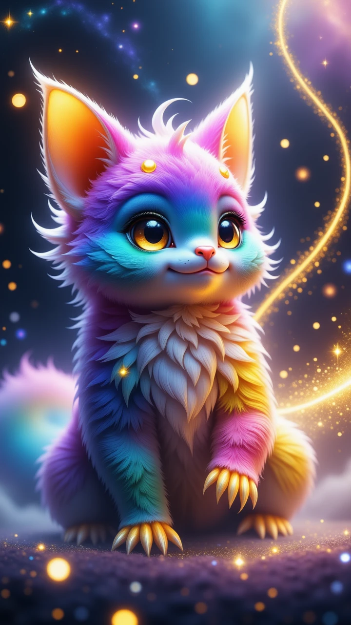 stardustij, stardust effect, sparkle, shimmer, stardust swirling, surrounded by stardust <lora:Stardustij_STYLE4FLUX:1>, a fluffy creature, with rainbow-colored fur, magical, floating stardust