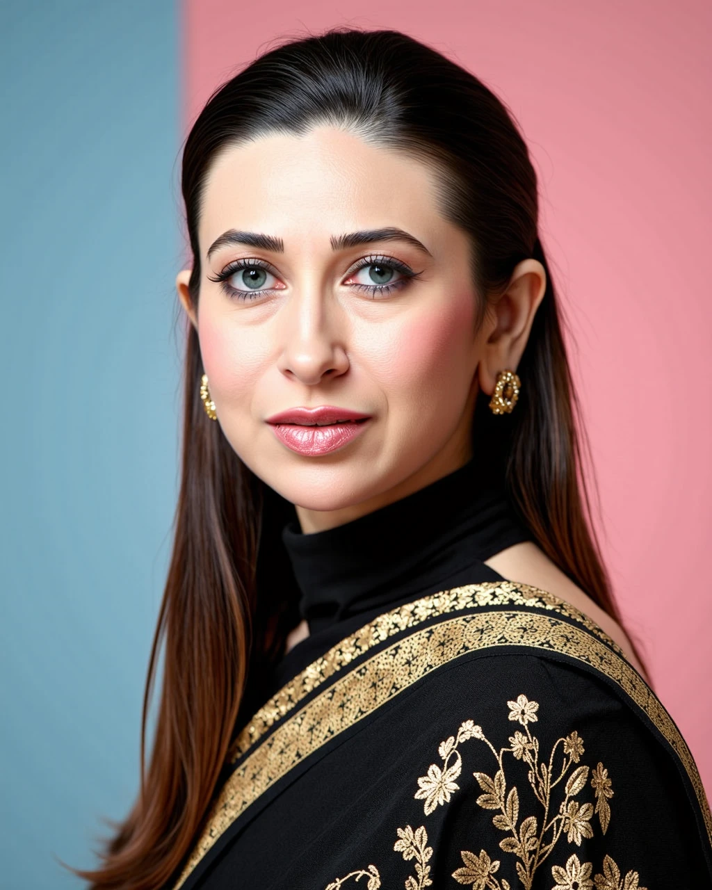 headshot photo of Karisma Kapoor woman,candid photo with natural colors, serious expression on face,studio quality, wearing intricate conservative turtleneck Black Bomkai Saree (Odisha traditional saree), straight hair, pastel shaded multicolored background, cinematic soft lighting<lora:TestBed\Karisma_Kapoor_Flux_Kohya_V1.safetensors:1.0:1.0>