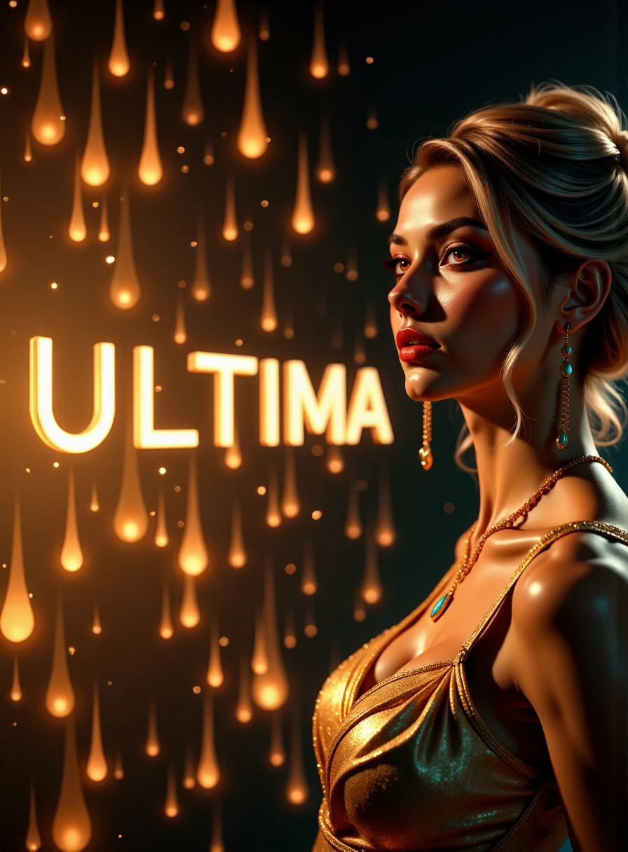 The professional close-up photo of a gorgeous woman standing confidently next to glowing golden text: 'ULTIMA.' The text is in a bold, elegant font with a soft, radiant glow <lora:Ultima_Flux_v1:0.4>