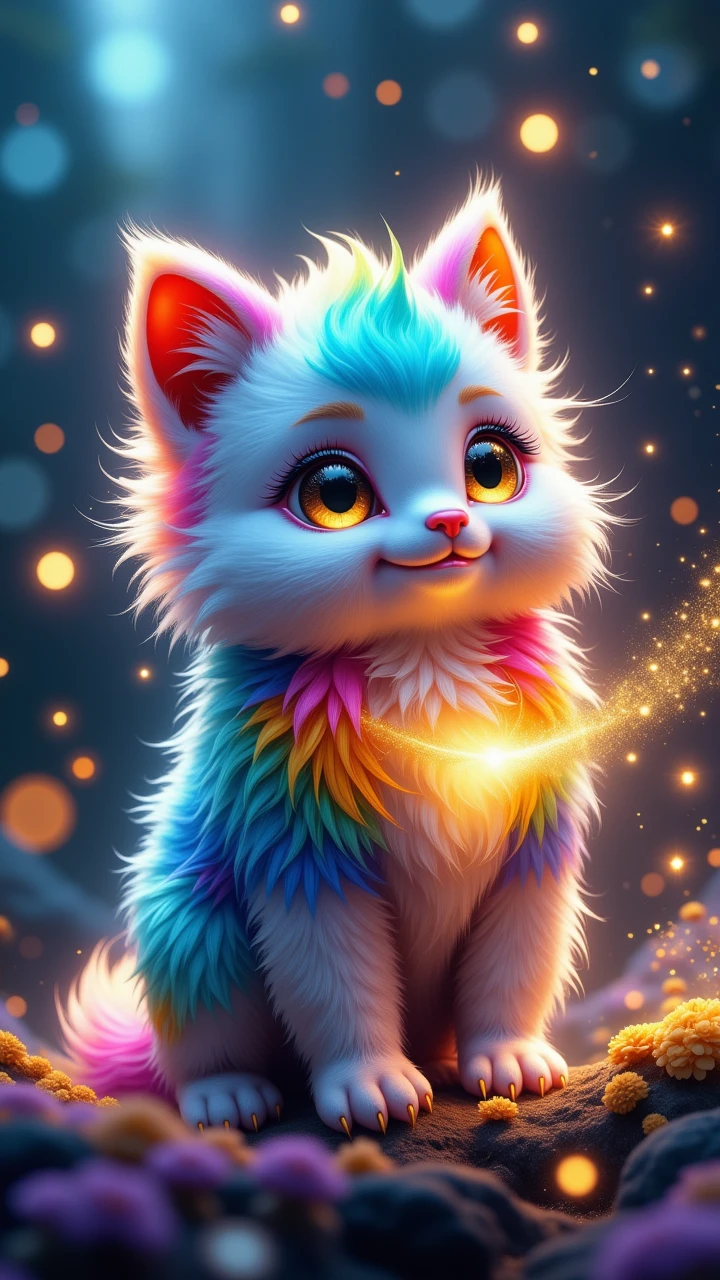 stardustij, stardust effect, sparkle, shimmer, stardust swirling, surrounded by stardust <lora:Stardustij_STYLE4FLUX:0.7>, a fluffy creature, with rainbow-colored fur, magical, floating stardust