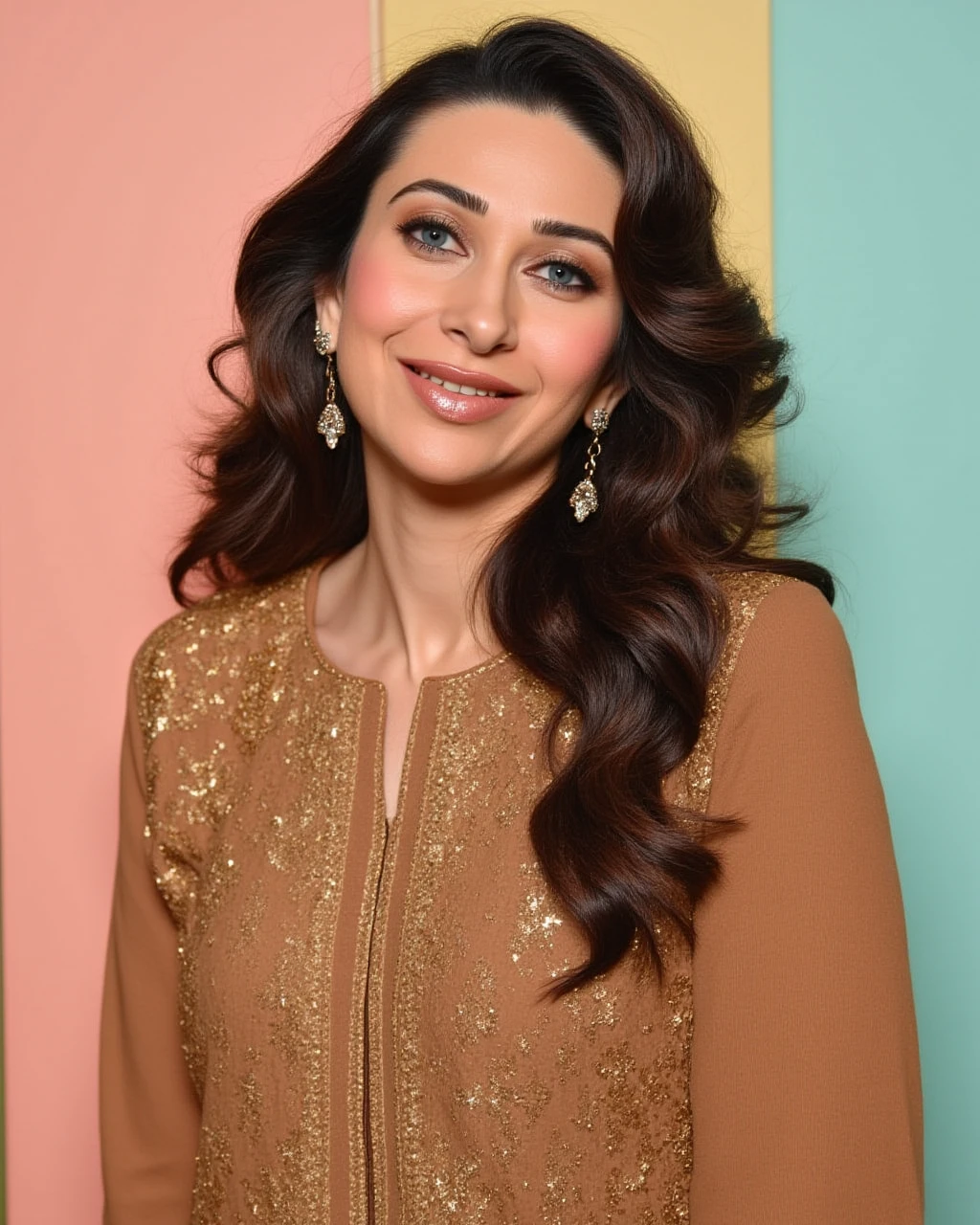 cowboy shot photo of Karisma Kapoor woman,candid photo with natural colors, grinning expression on face,studio quality, wearing intricate conservative long sleeved Brown Patiala Suit, curls, pastel shaded multicolored background, cinematic soft lighting<lora:TestBed\Karisma_Kapoor_Flux_Kohya_V1.safetensors:1.0:1.0>