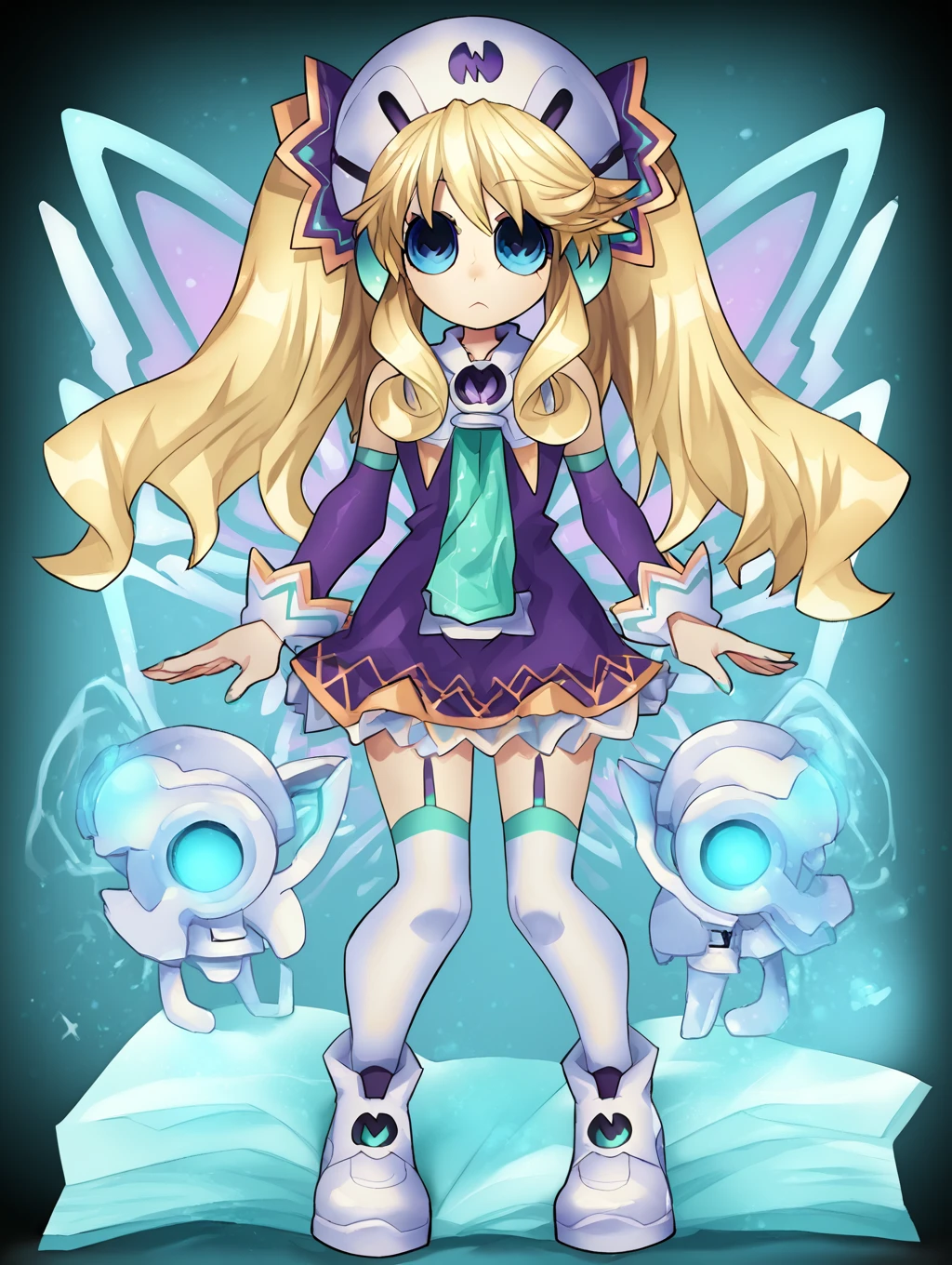 score_9, score_8_up, <lora:Histoire_Neptunia_PonyXL:1> Histoire \(neptunia)\, blonde hair, blue eyes, long hair, twintails, || short dress, hat, necktie, thighhighs, white legwear, fairy wings, footwear, boots, detached sleeves, || short, <lora:senmu0107_v2:1.2> senmu0107