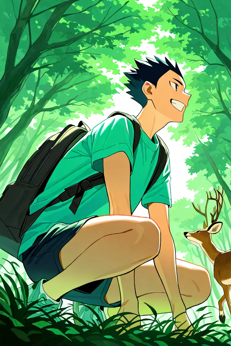 day, natural lighting, deer, green theme, plant, overgrowth, bush, leaves, male focus, squatting on grass, looking away, smiling, KindaichiHU, black_KindaichiHU_spiked hair, black_KindaichiHU_eyes, grin, teeth, short sleeves, bag, backpack, shorts, thighs, 1boy, outdoors forest, from below, dutch angle, intricately detailed illustration, masterpiece, best quality, amazing quality, very aesthetic, absurdres, newest