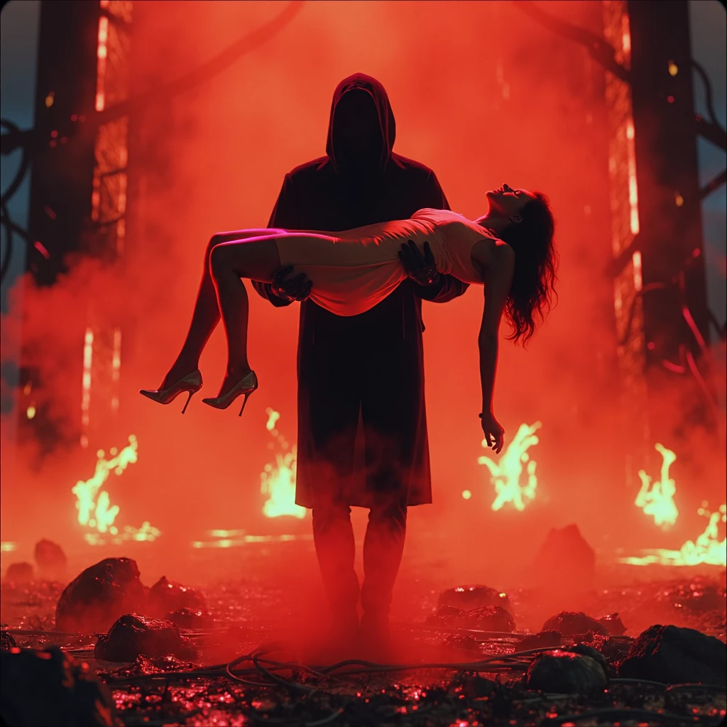 Imagine an image in the style of a dark, graphic novel cover where a hooded figure stands ominously in the center of an infernal, neon-lit chamber. They carry a limp, elegantly dressed woman in their arms, her body silhouetted against a blazing background of twisted metal and fiery, blood-red light. The fog is dense and suffocating, swirling around their feet, while fractured beams of neon reflect off her heels and cascade through her hair. Deep, jagged shadows define the contours of the scene, lending an intense, foreboding atmosphere to this surreal, cinematic moment, as if captured at the climax of a haunting, otherworldly rescue.