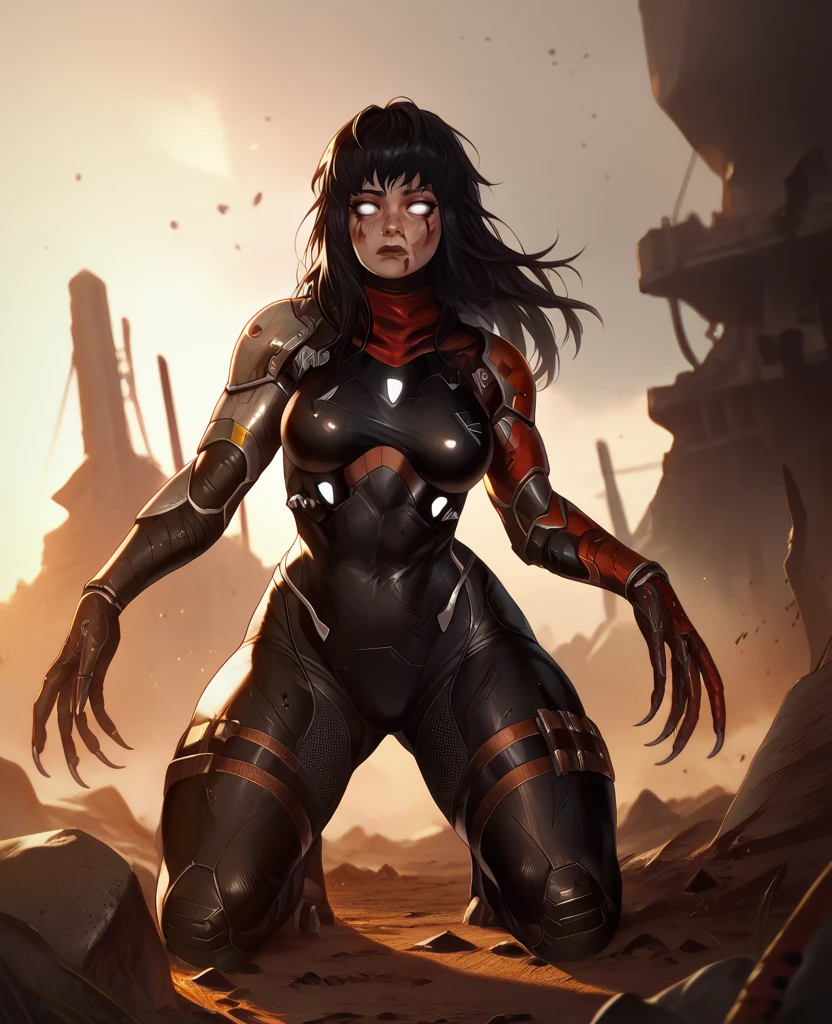 score_9,score_8_up,score_7_up,score_6_up,
mocoexl,white eyes,black hair,long hair,  face injury,  cyborg, 
black bodysuit, 
dawn,outdoors,battlefield,solo,claws,
<lora:MotherCouragexl:0.9>,