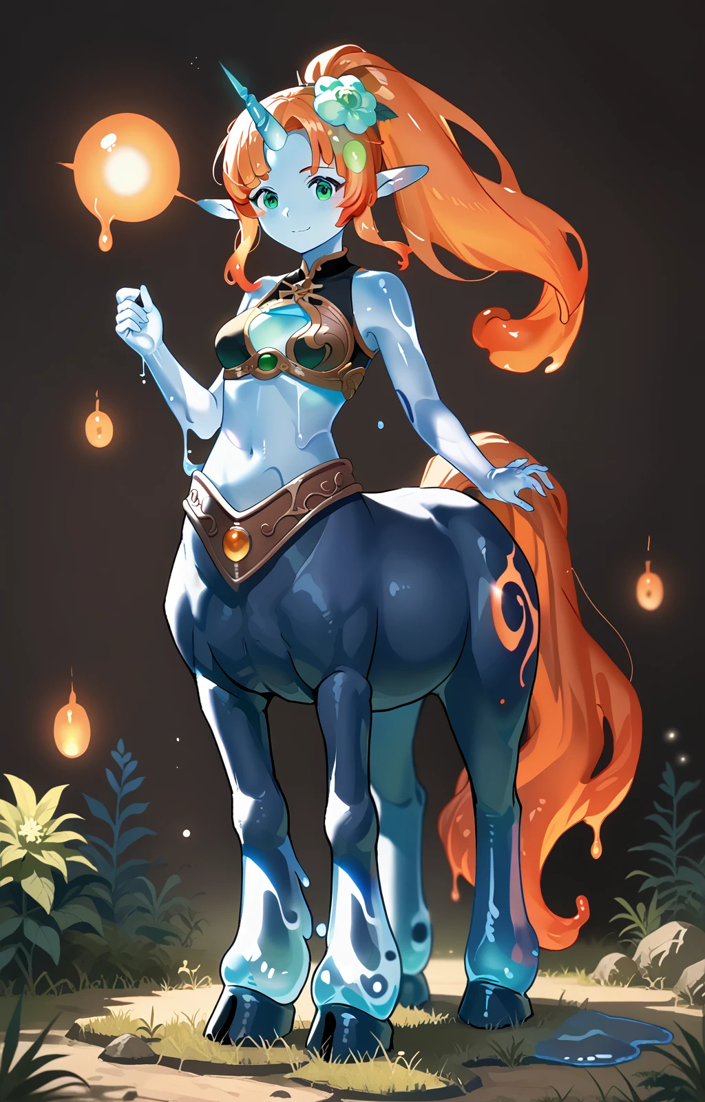score_9, score_8_up, <lora:slime_girl_core_basePony_v1:1> core, 1girl, solo, long hair, breasts, looking at viewer, smile, simple background, hair ornament, navel, animal ears, closed mouth, standing, green eyes, tail, full body, ponytail, multicolored hair, horns, hair flower, orange hair, gradient hair, colored skin, black background, monster girl, slime girl, single horn, blue skin, taur, hooves, centaur, centauroid