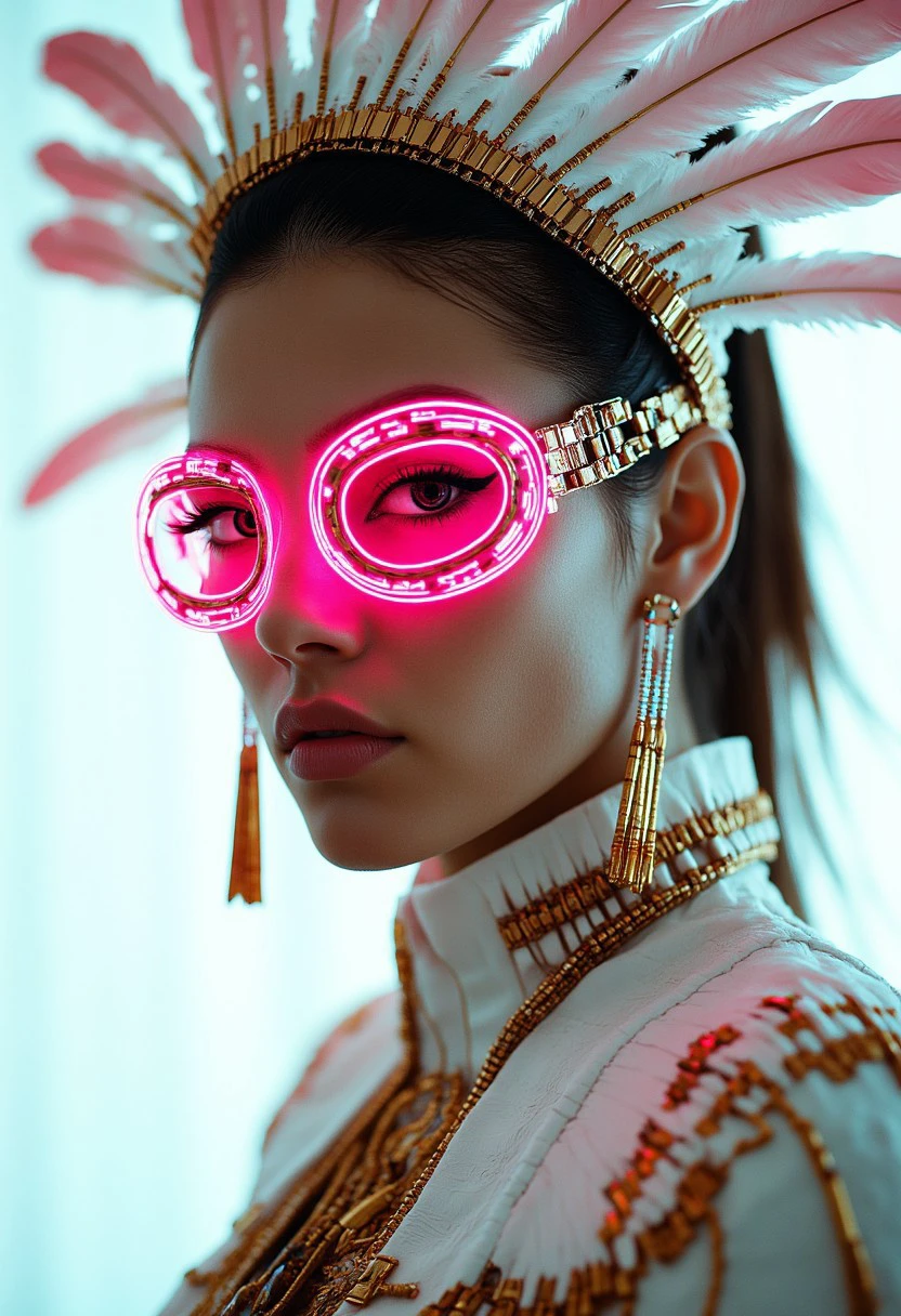 The image is a highly detailed, photorealistic digital artwork featuring a woman with a futuristic, cyberpunk aesthetic. She has a light skin tone and a stern, intense expression. Her dark hair is slicked back, and she wears an elaborate, ornate headpiece made of metallic elements and feathers, predominantly white with hints of pink and gold, giving it a futuristic, high-tech appearance. Her eyes are accentuated with glowing, neon pink goggles that encircle her face, providing a striking contrast to her natural eye color.