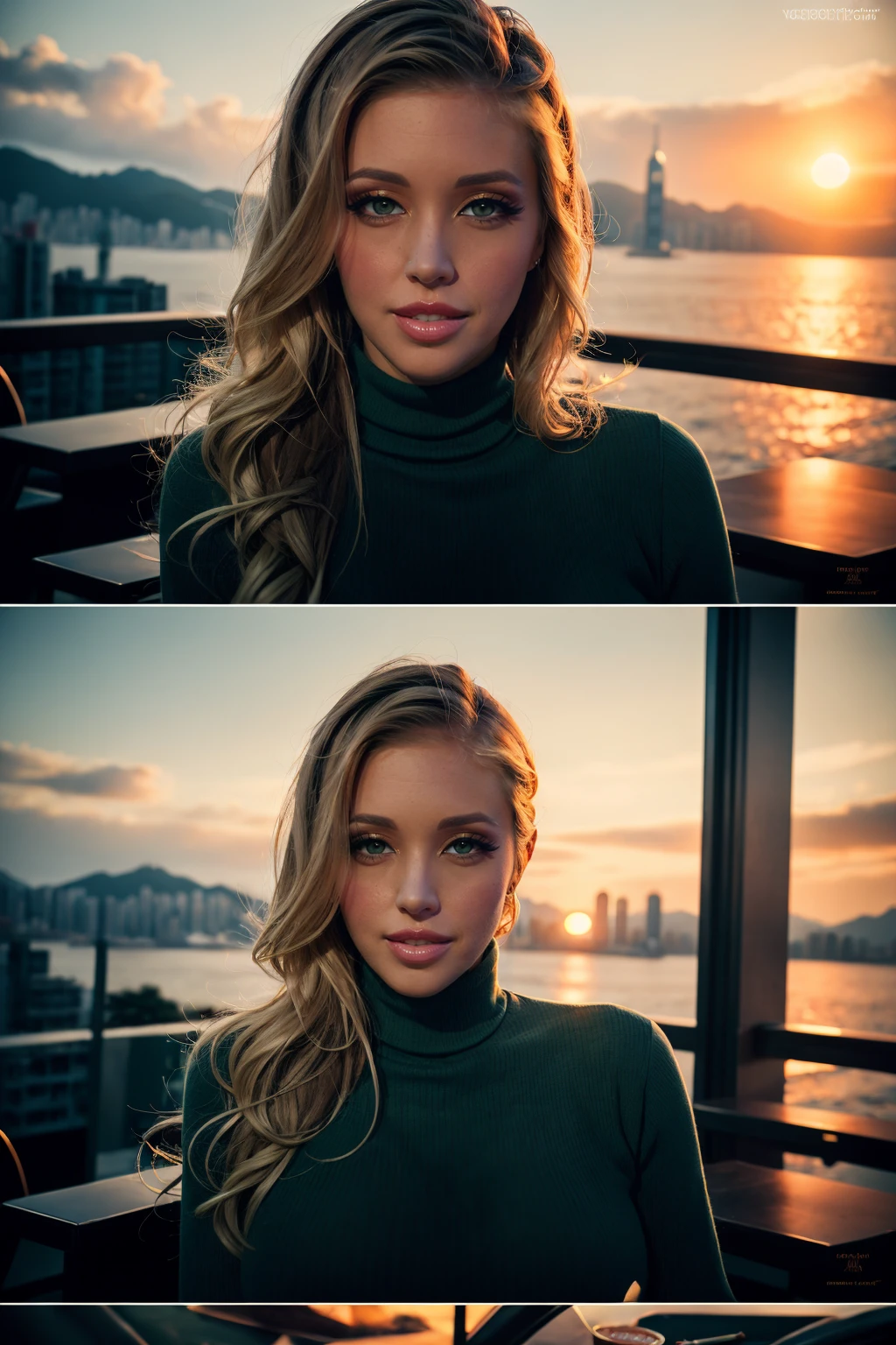 masterpiece, high resolution, cinematic, absurdres, photorealistic, realistic, 8k, volumetric. portrait of a 30 years old girl, make-up, eyelashes, eyeshadow, mascara, glossy lipstick, smnthsnt, samantha saint, <lora:samantha_saint_LoRA_0.1-000001:1>, erotic smile, wavy long blonde hair, wearing a long green turtleneck jumper, large breasts, <lora:brmphFT15_p0-step00021000a:0.9>, brmph, sitting at a rooftop bar in hong kong at sunset