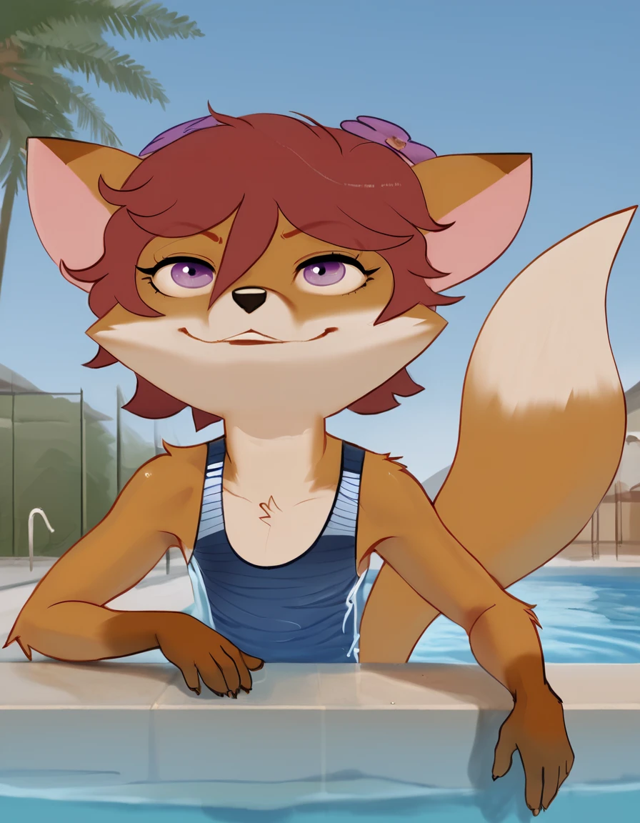 outdoors,detailed background,pool,poolside, 
Alex,1girl,solo,short hair,animal ears,furry female,two-tone fur,tail,body fur,bangs,animal nose,fox girl,brown fur,fox tail,red hair,fox ears,purple eyes,hair between eyes,hair ornament,
full body,seductive smile,long eyelashes,parted lips, 
swimsuit, 
<lora:Alex_v01_PDXL:1>,